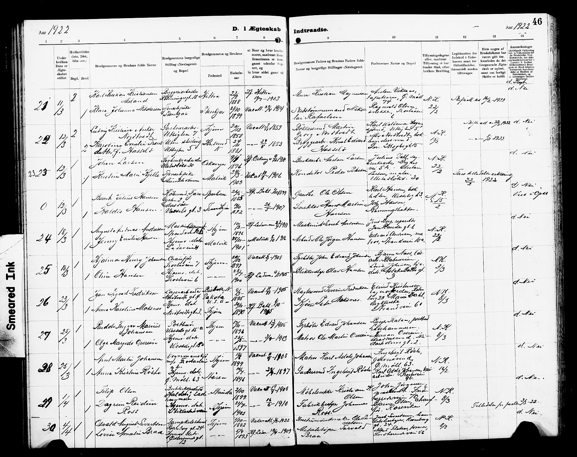 Ministerialprotokoller, klokkerbøker og fødselsregistre - Sør-Trøndelag, AV/SAT-A-1456/605/L0257: Parish register (copy) no. 605C04, 1916-1922, p. 46