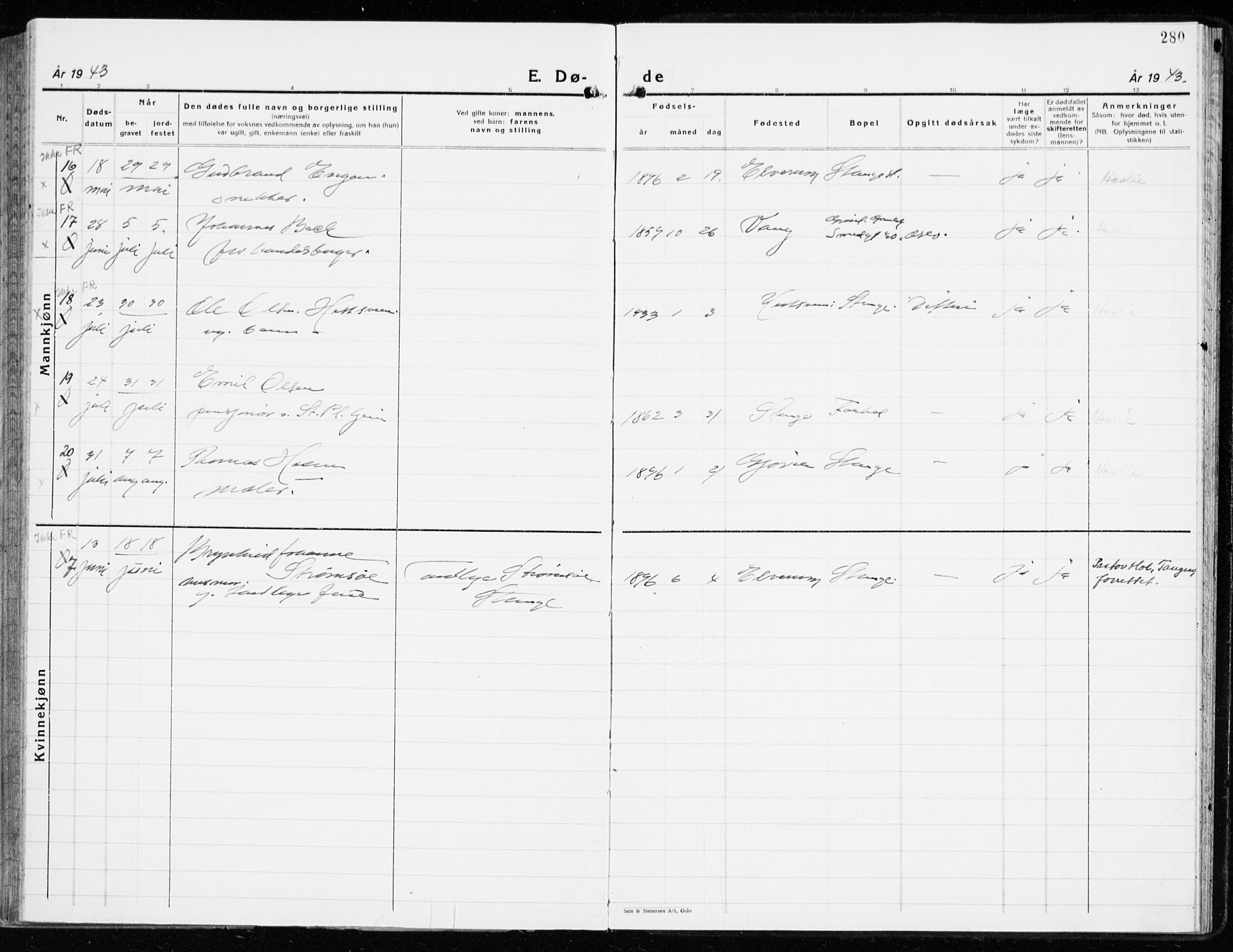 Stange prestekontor, AV/SAH-PREST-002/K/L0027: Parish register (official) no. 27, 1937-1947, p. 280