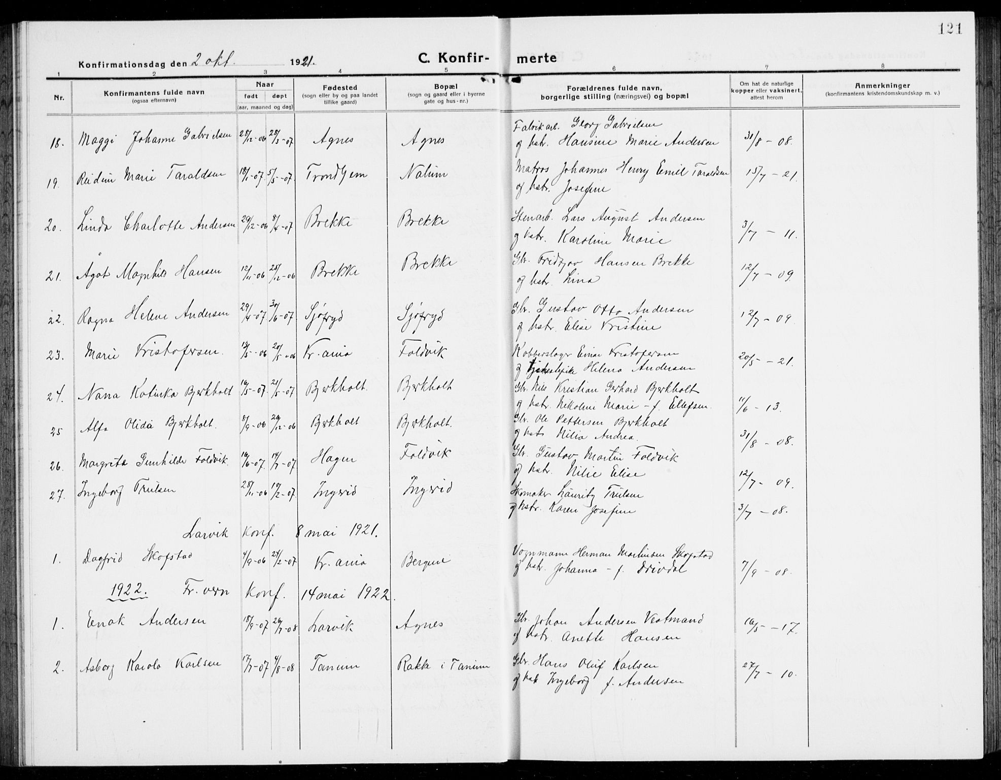 Brunlanes kirkebøker, AV/SAKO-A-342/G/Ga/L0005: Parish register (copy) no. I 5, 1918-1941, p. 121