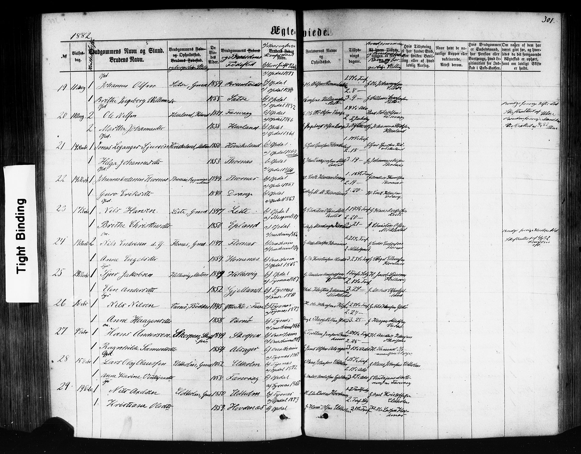 Tysnes sokneprestembete, AV/SAB-A-78601/H/Haa: Parish register (official) no. A 12, 1872-1886, p. 301