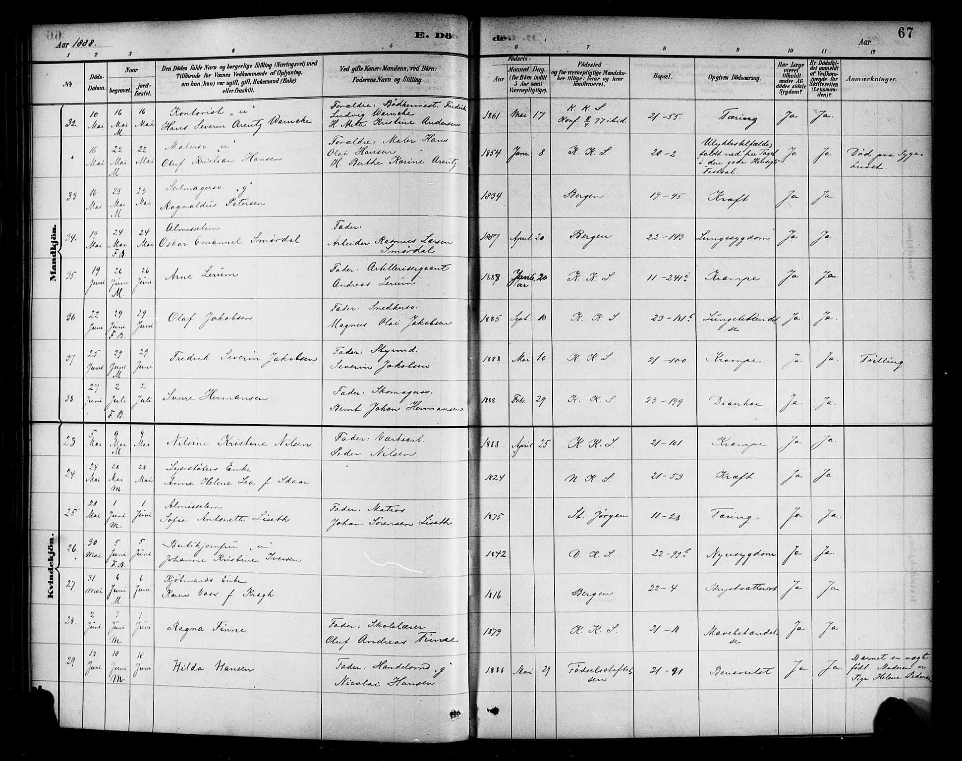 Korskirken sokneprestembete, SAB/A-76101/H/Haa/L0047: Parish register (official) no. E 5, 1884-1910, p. 67