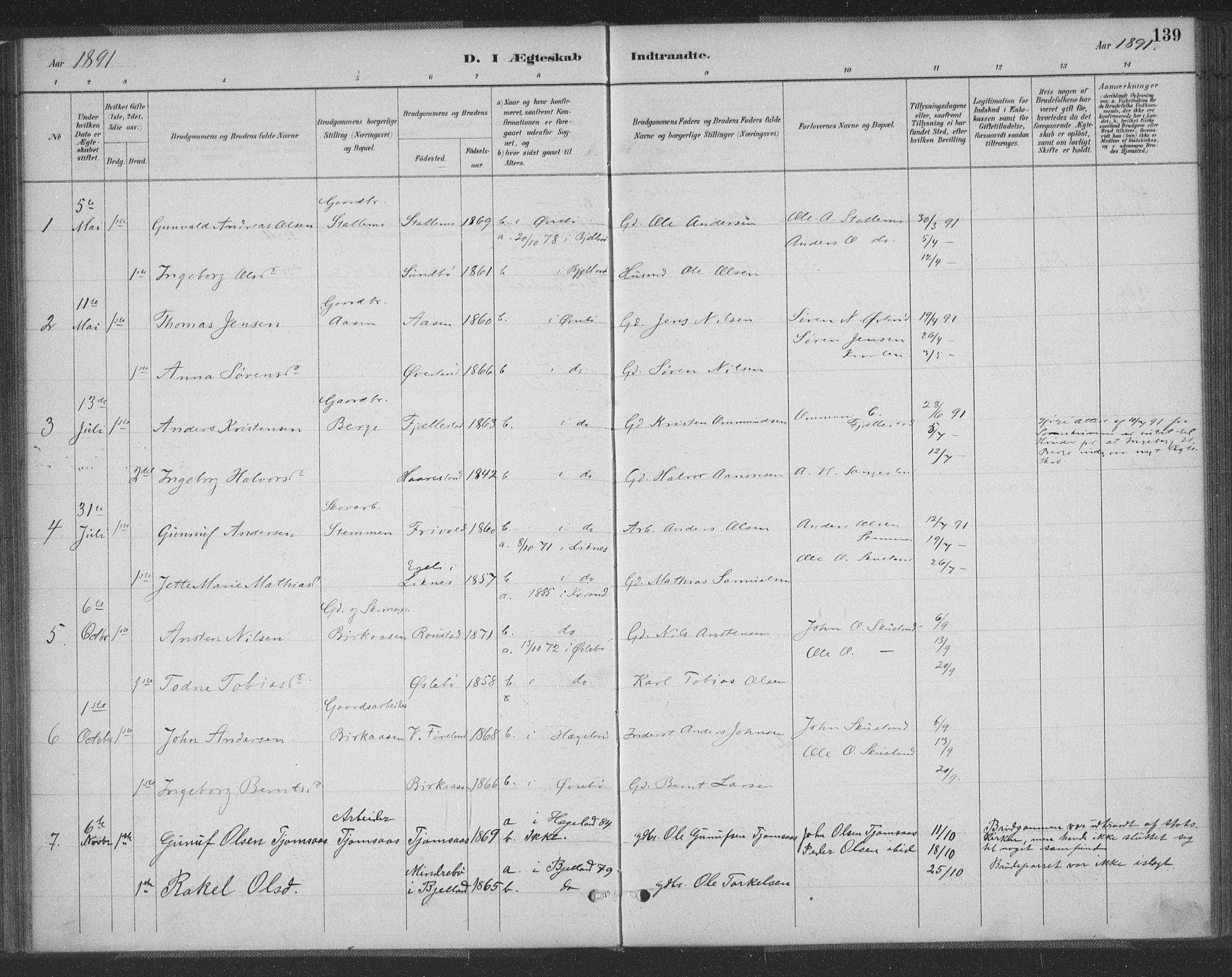Vennesla sokneprestkontor, SAK/1111-0045/Fa/Fac/L0009: Parish register (official) no. A 9, 1884-1901, p. 139