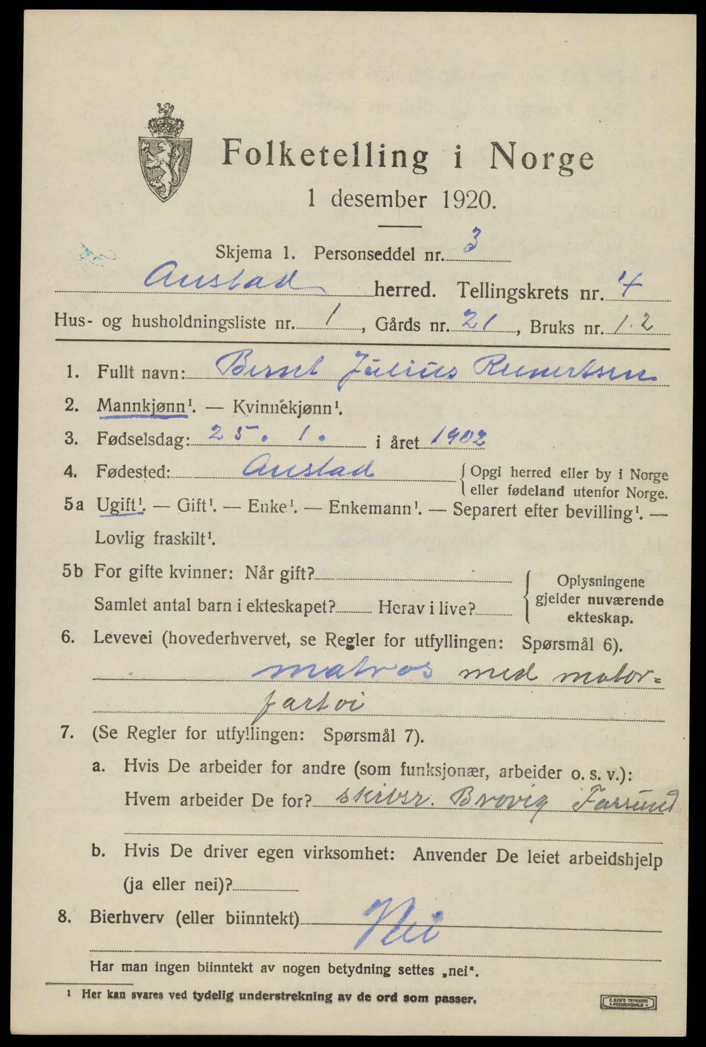 SAK, 1920 census for Austad, 1920, p. 1409