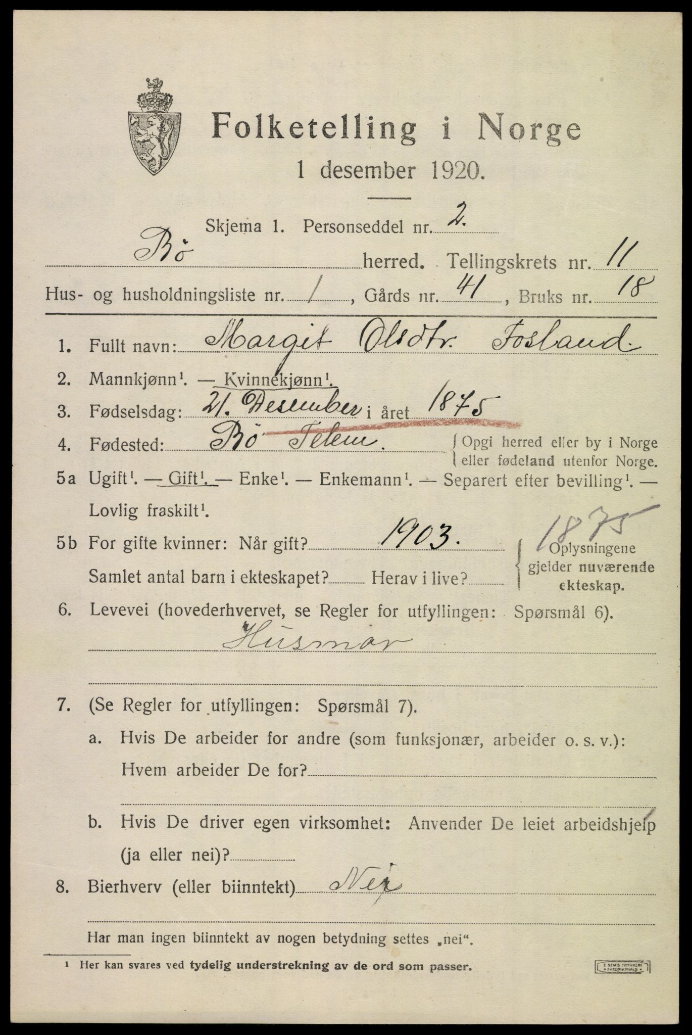 SAKO, 1920 census for Bø (Telemark), 1920, p. 6690