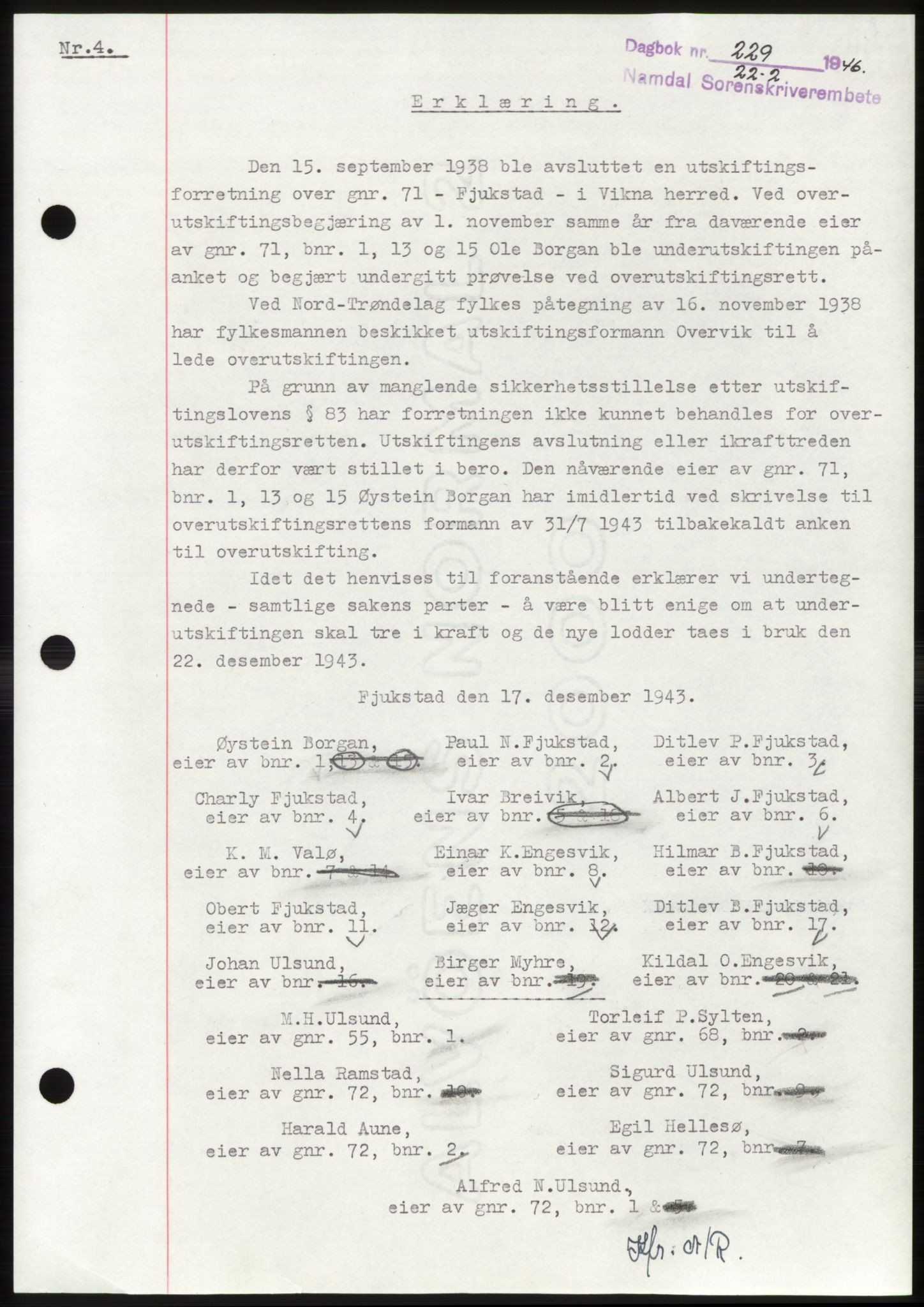 Namdal sorenskriveri, AV/SAT-A-4133/1/2/2C: Mortgage book no. -, 1946-1946, Diary no: : 229/1946