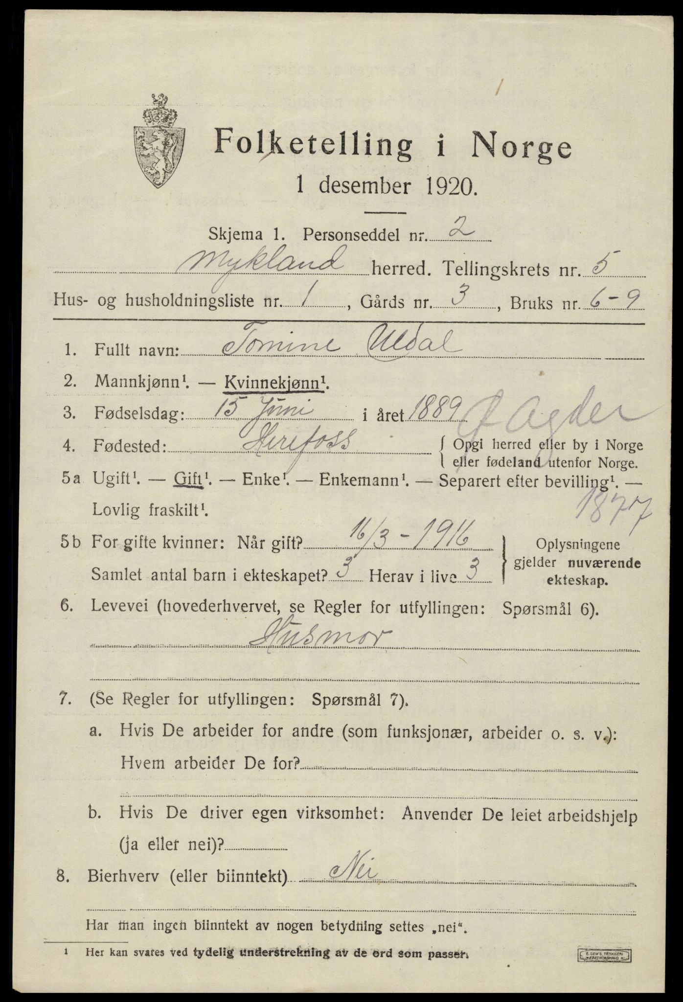 SAK, 1920 census for Mykland, 1920, p. 1668