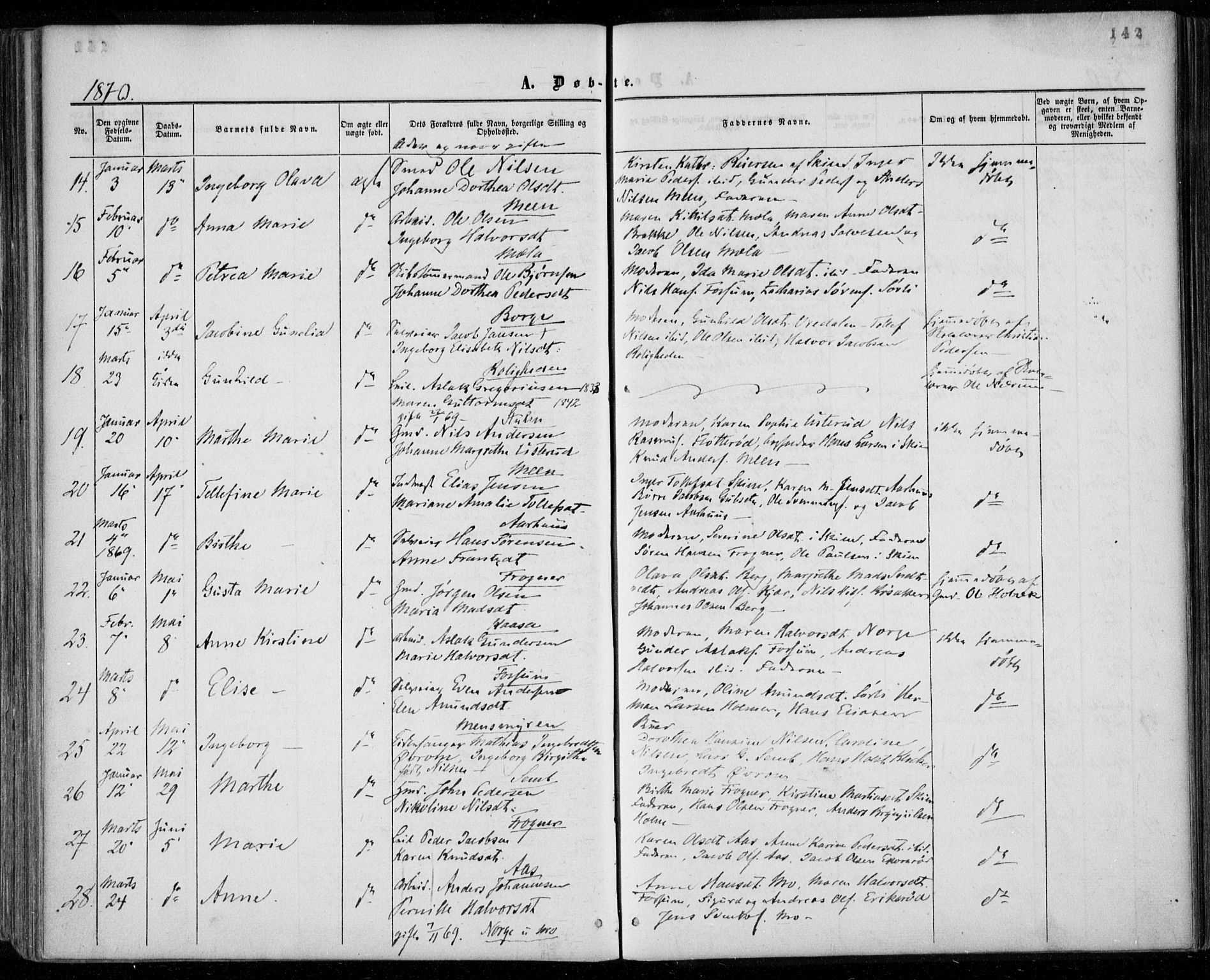 Gjerpen kirkebøker, SAKO/A-265/F/Fa/L0008a: Parish register (official) no. I 8A, 1857-1871, p. 142