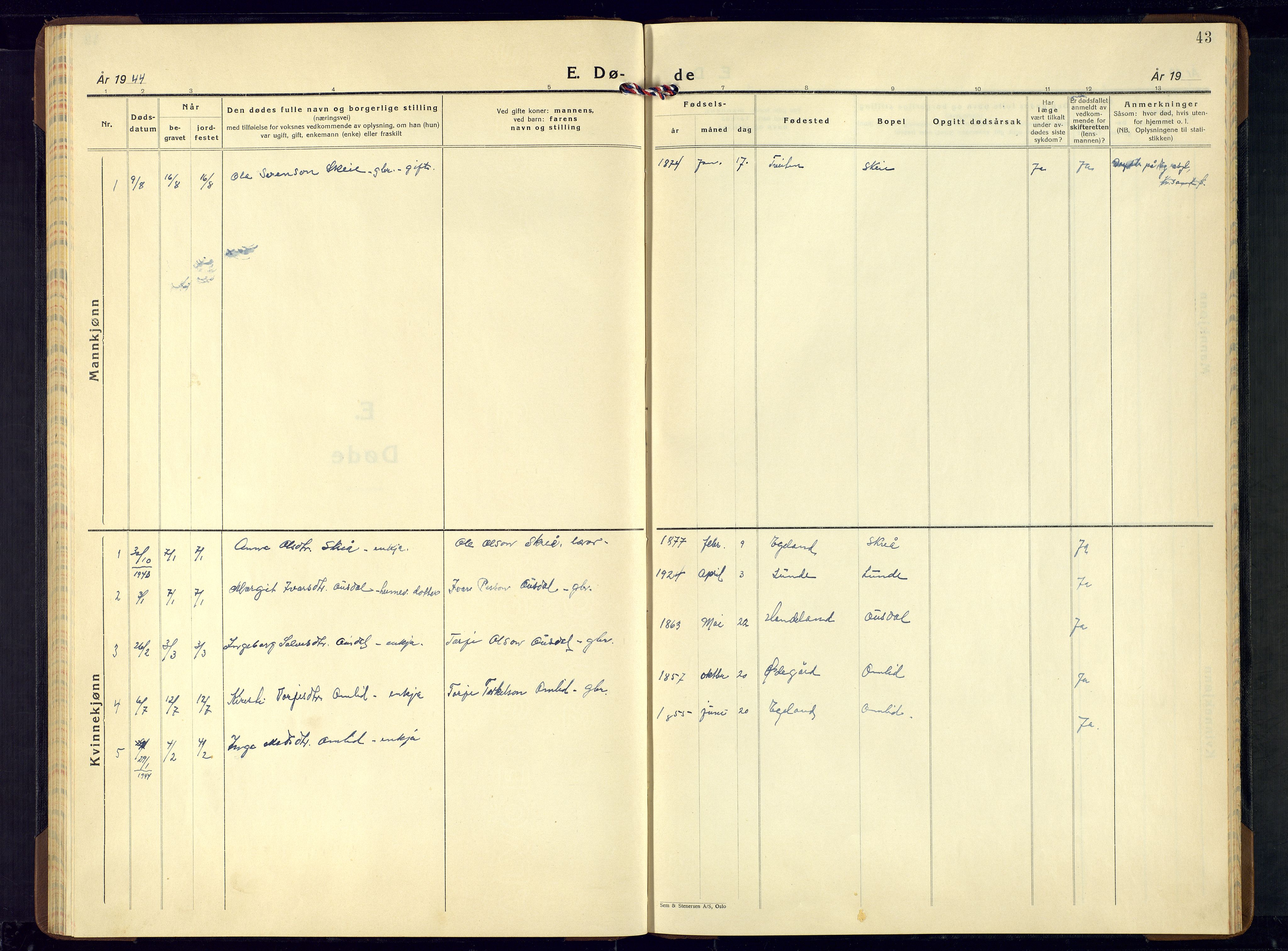 Sirdal sokneprestkontor, SAK/1111-0036/F/Fb/Fba/L0003: Parish register (copy) no. B-3, 1935-1958, p. 43