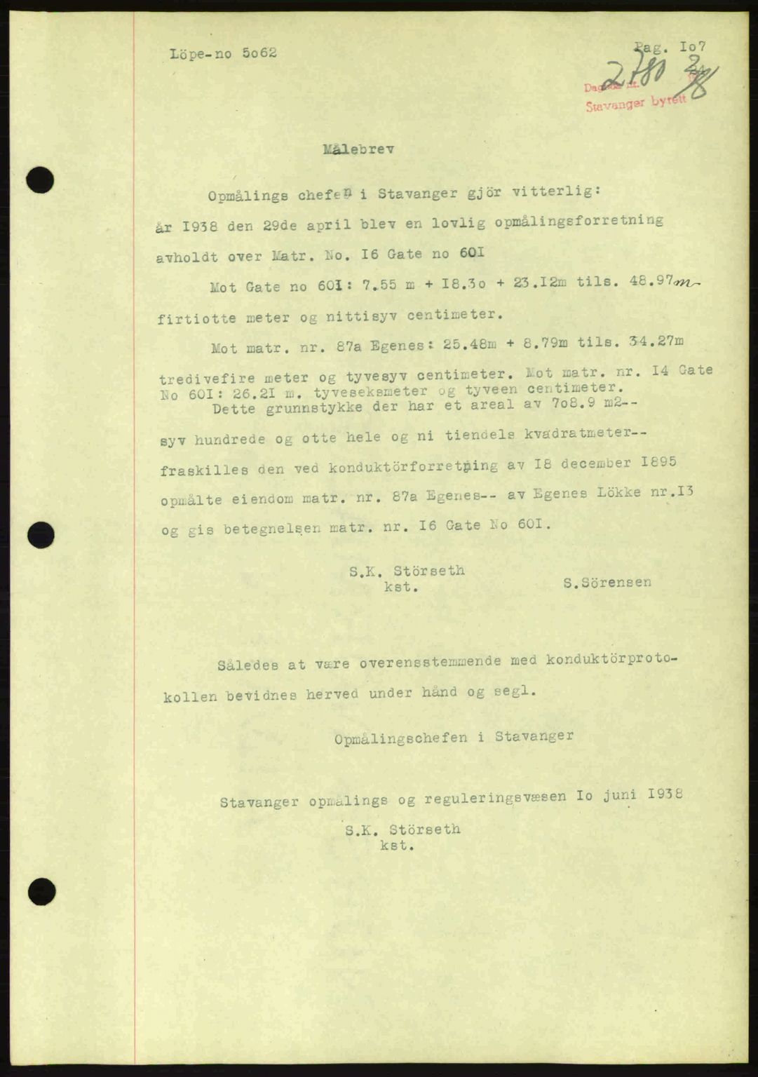 Stavanger byrett, SAST/A-100455/002/G/Gb/L0014: Mortgage book no. A4, 1938-1939, Diary no: : 2780/1938