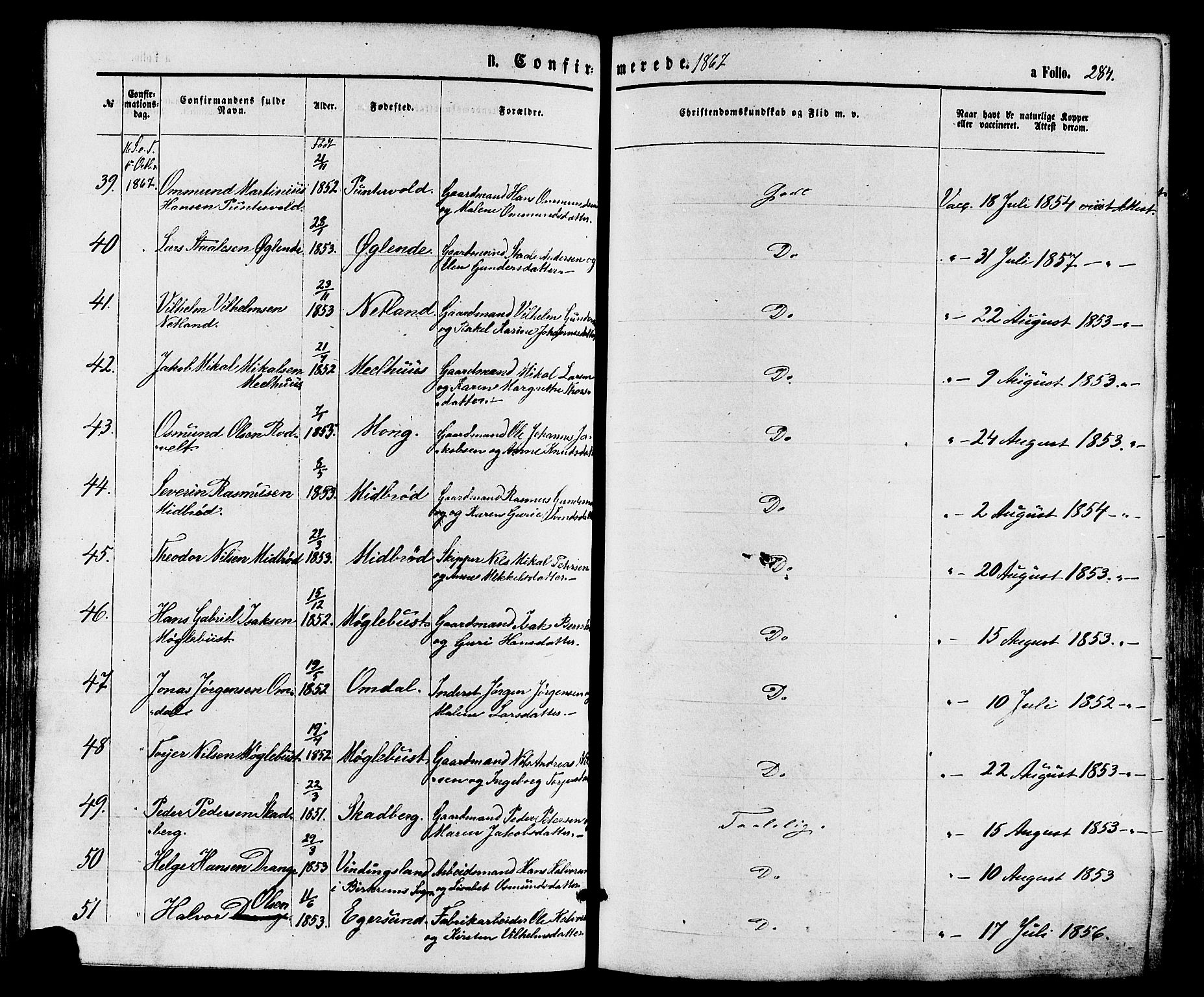 Eigersund sokneprestkontor, AV/SAST-A-101807/S08/L0014: Parish register (official) no. A 13, 1866-1878, p. 284