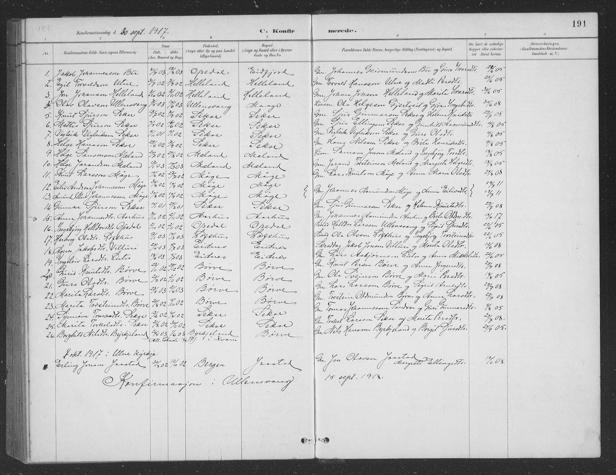 Ullensvang sokneprestembete, SAB/A-78701/H/Hab: Parish register (copy) no. B 11, 1887-1939, p. 191