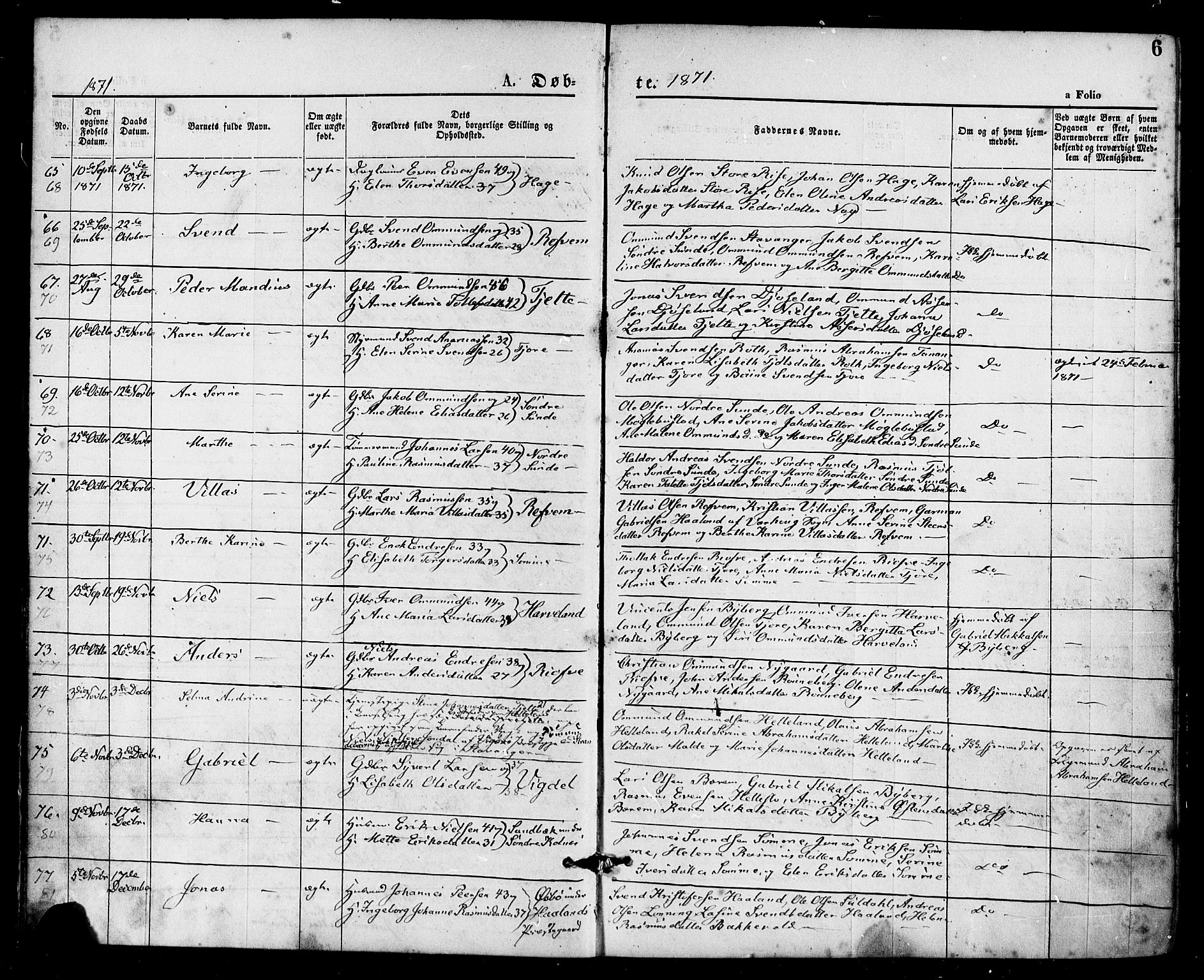 Håland sokneprestkontor, AV/SAST-A-101802/001/30BA/L0009: Parish register (official) no. A 8, 1871-1882, p. 6