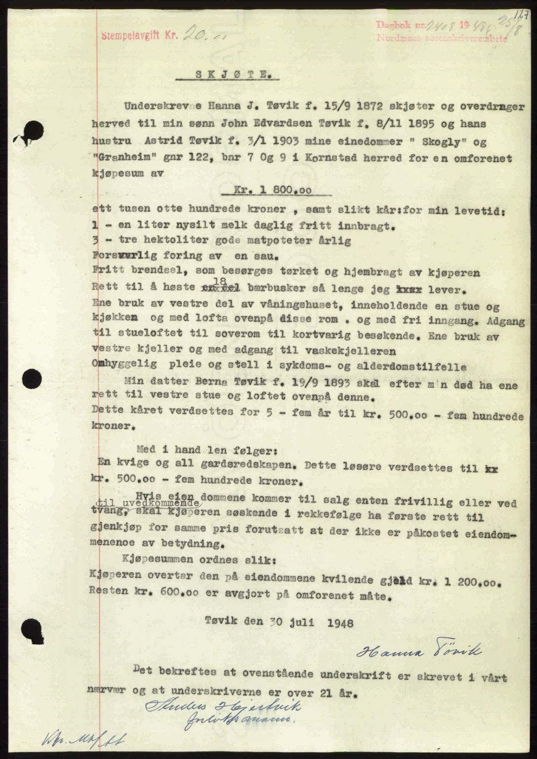 Nordmøre sorenskriveri, AV/SAT-A-4132/1/2/2Ca: Mortgage book no. A109, 1948-1948, Diary no: : 2408/1948