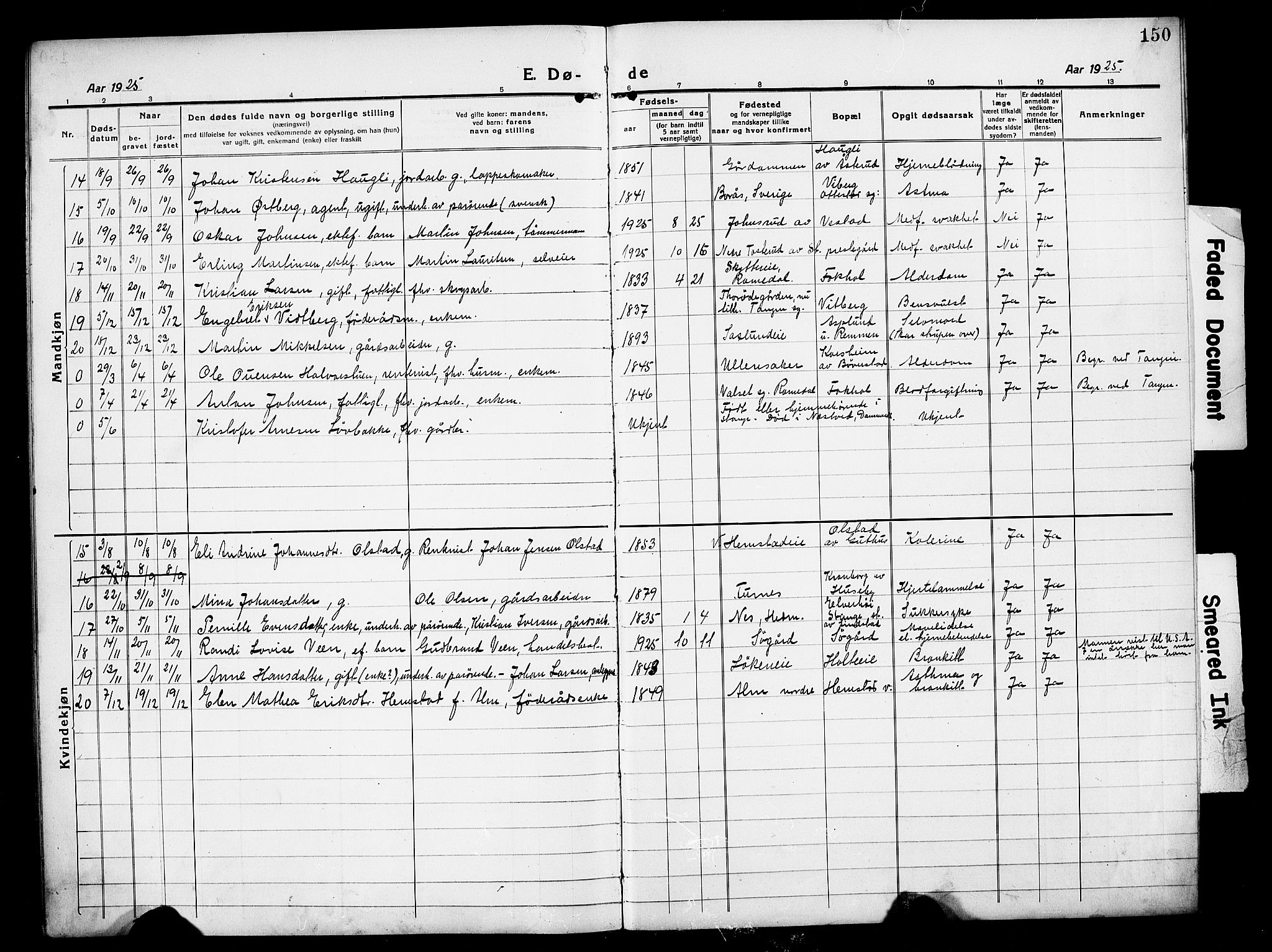Stange prestekontor, SAH/PREST-002/L/L0016: Parish register (copy) no. 16, 1918-1928, p. 150