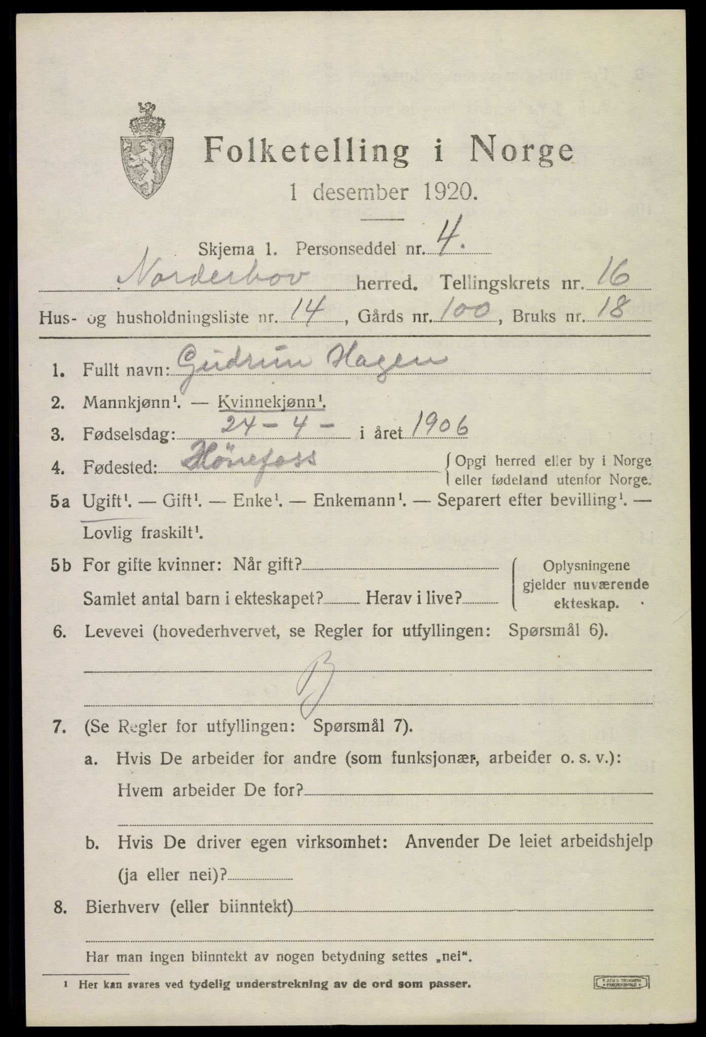 SAKO, 1920 census for Norderhov, 1920, p. 17800