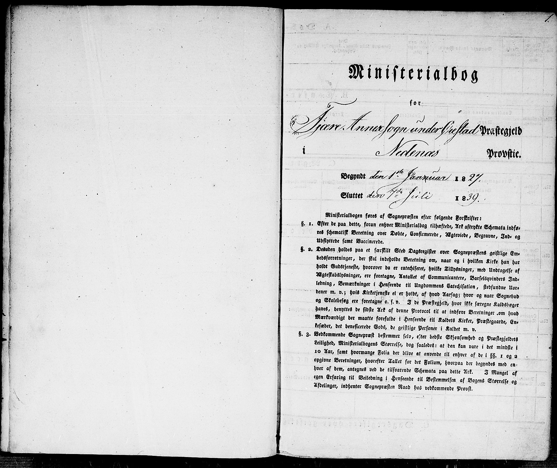 Fjære sokneprestkontor, SAK/1111-0011/F/Fa/L0002: Parish register (official) no. A 2, 1827-1839, p. 1