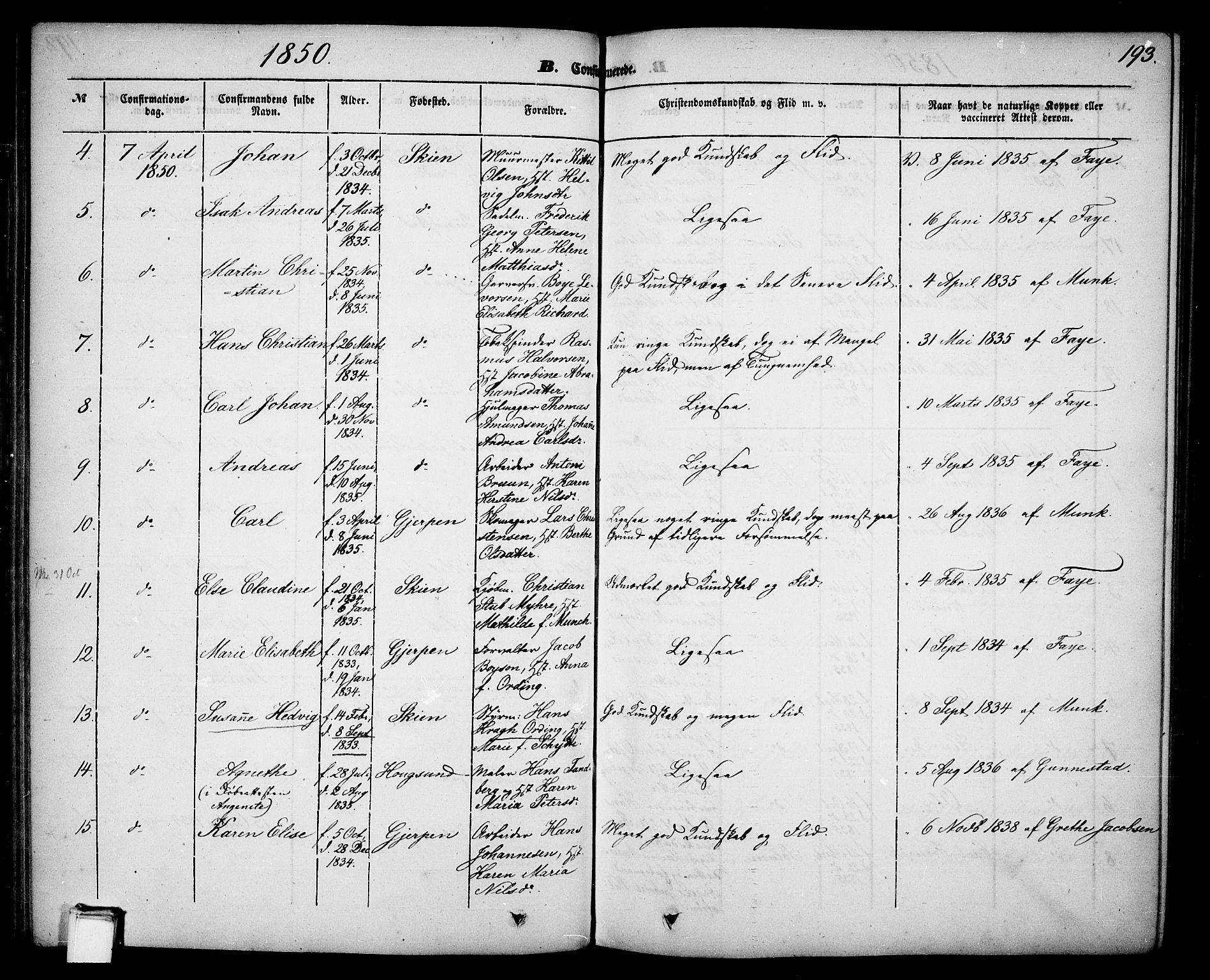 Skien kirkebøker, SAKO/A-302/G/Ga/L0004: Parish register (copy) no. 4, 1843-1867, p. 193