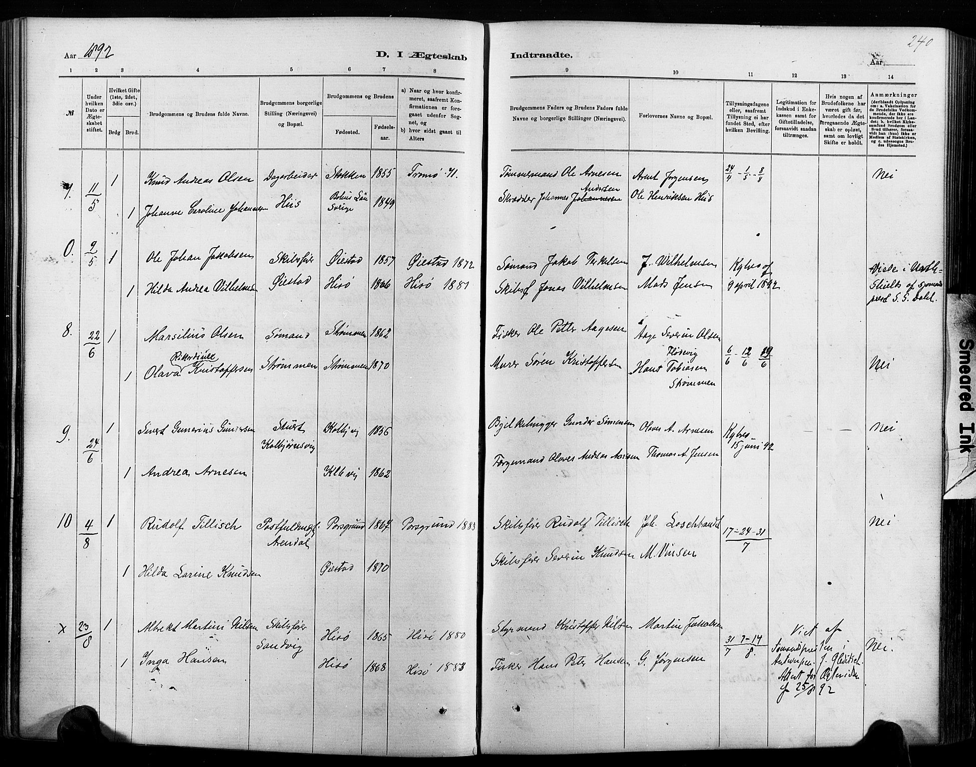 Hisøy sokneprestkontor, AV/SAK-1111-0020/F/Fa/L0003: Parish register (official) no. A 3, 1881-1894, p. 240