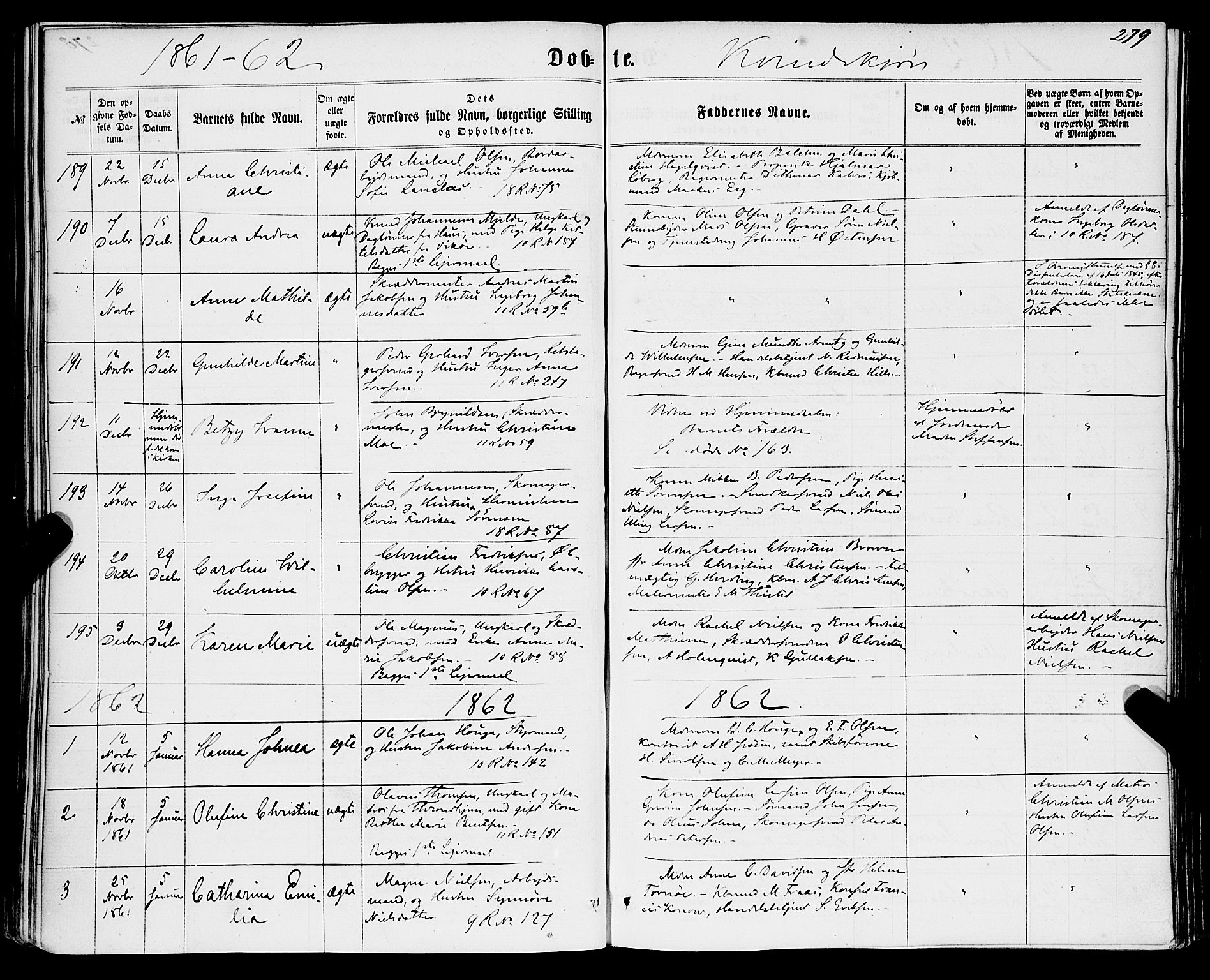 Domkirken sokneprestembete, SAB/A-74801/H/Haa/L0021: Parish register (official) no. B 4, 1859-1871, p. 279
