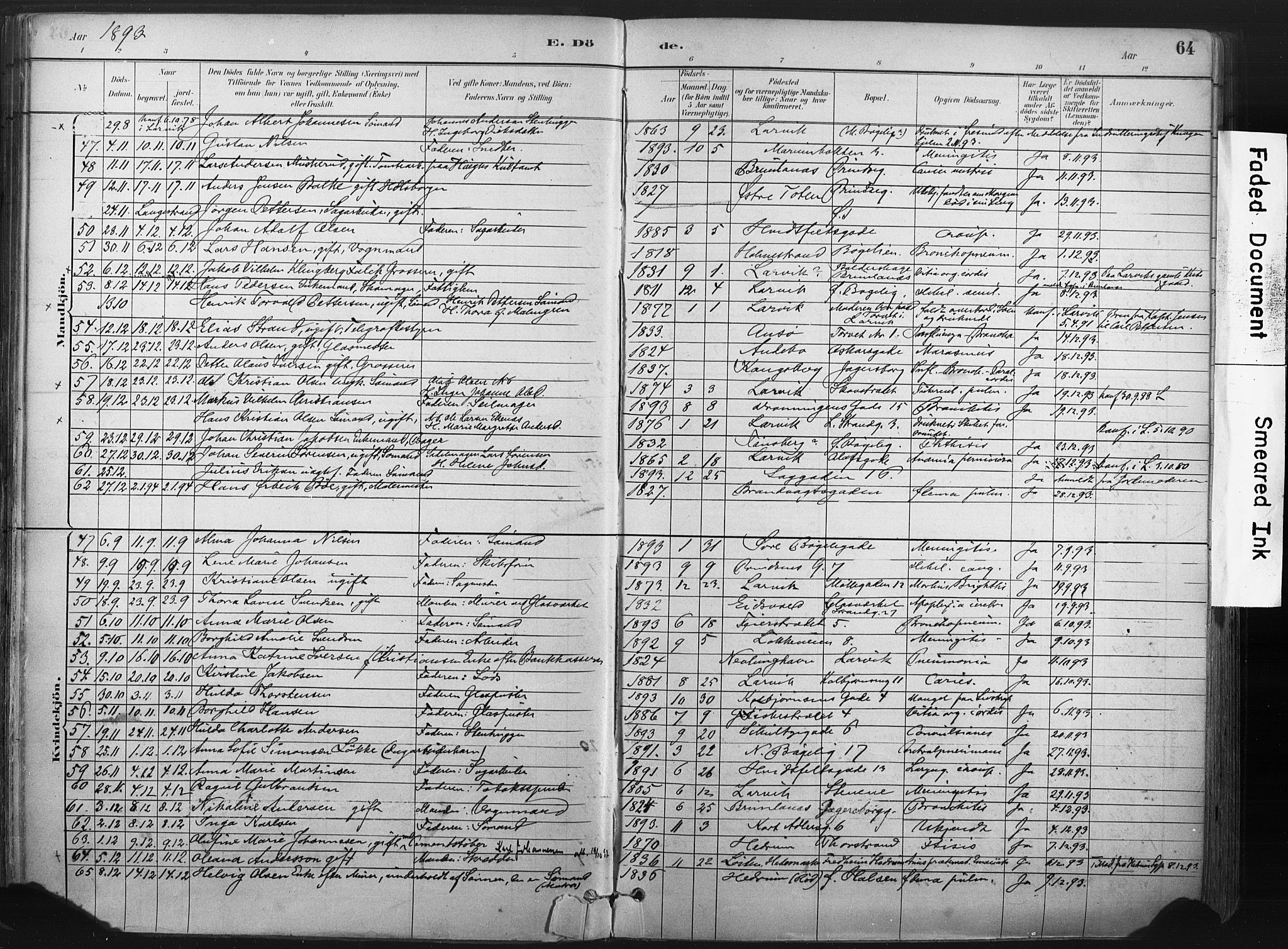 Larvik kirkebøker, AV/SAKO-A-352/F/Fa/L0010: Parish register (official) no. I 10, 1884-1910, p. 64