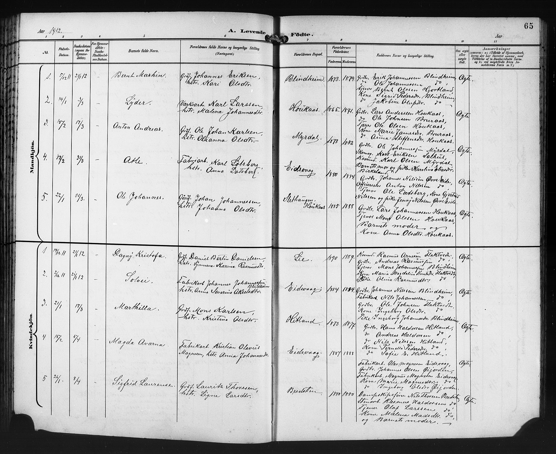 Åsane sokneprestembete, AV/SAB-A-79401/H/Hab: Parish register (copy) no. A 3, 1899-1915, p. 65