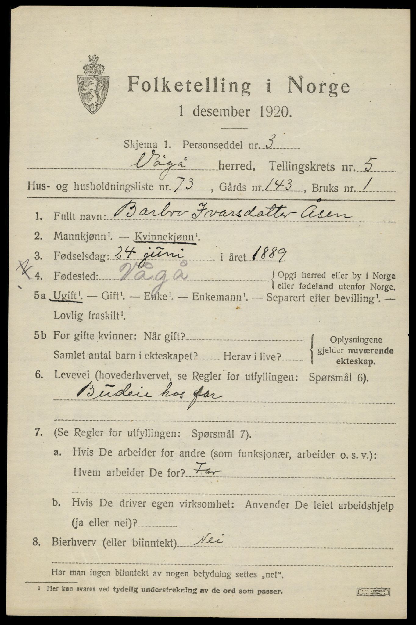 SAH, 1920 census for Vågå, 1920, p. 4692