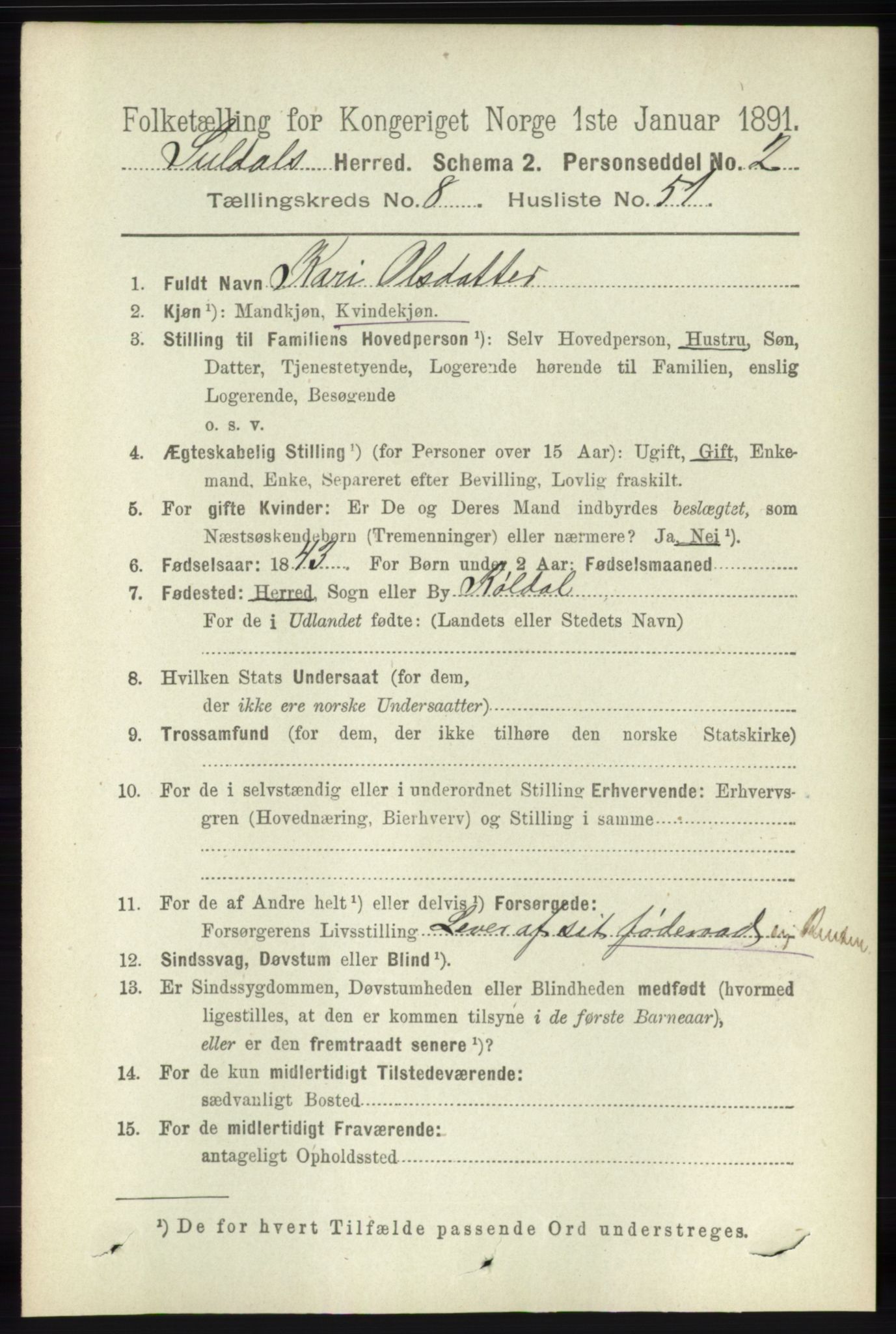 RA, 1891 census for 1134 Suldal, 1891, p. 2608