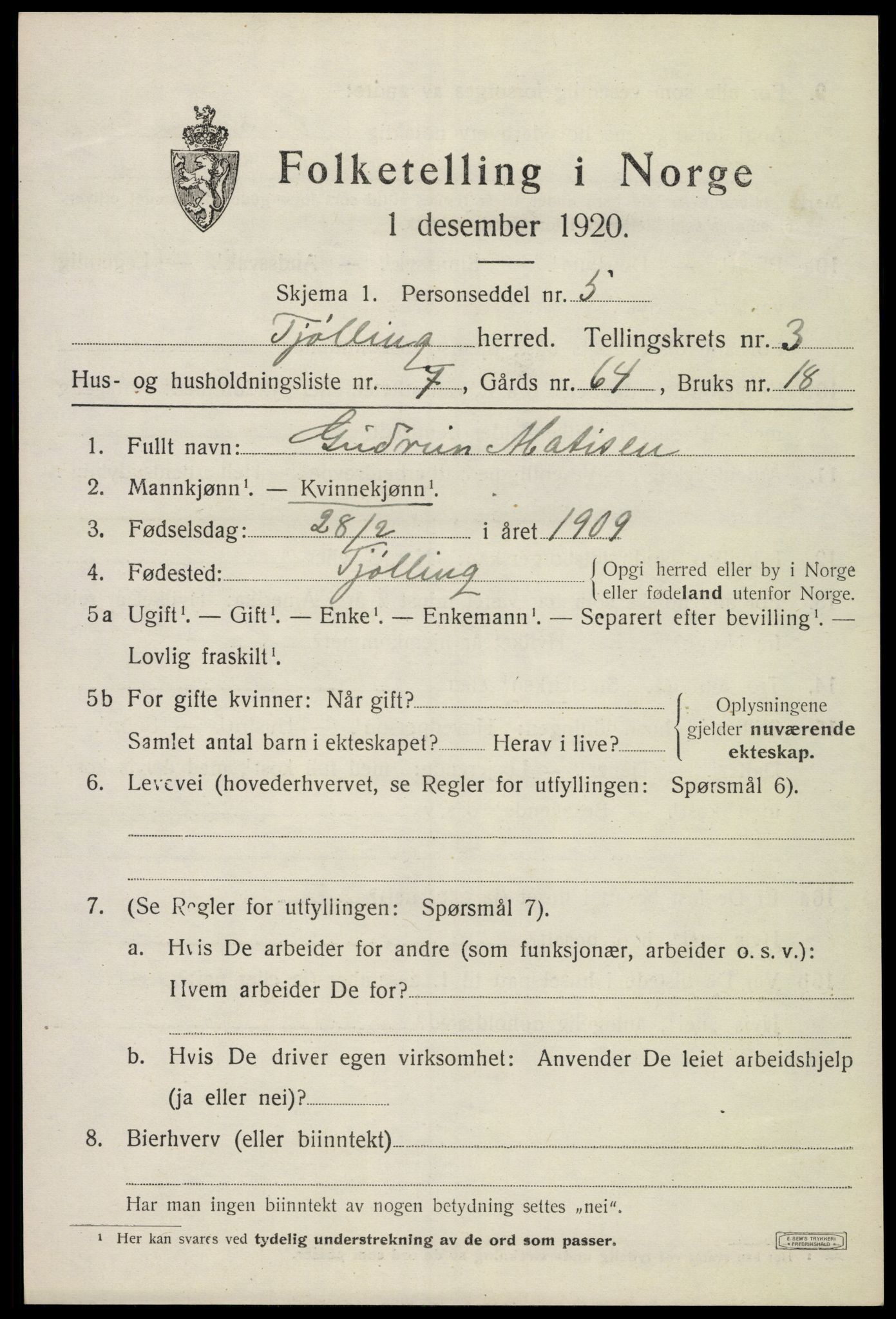 SAKO, 1920 census for Tjølling, 1920, p. 7003