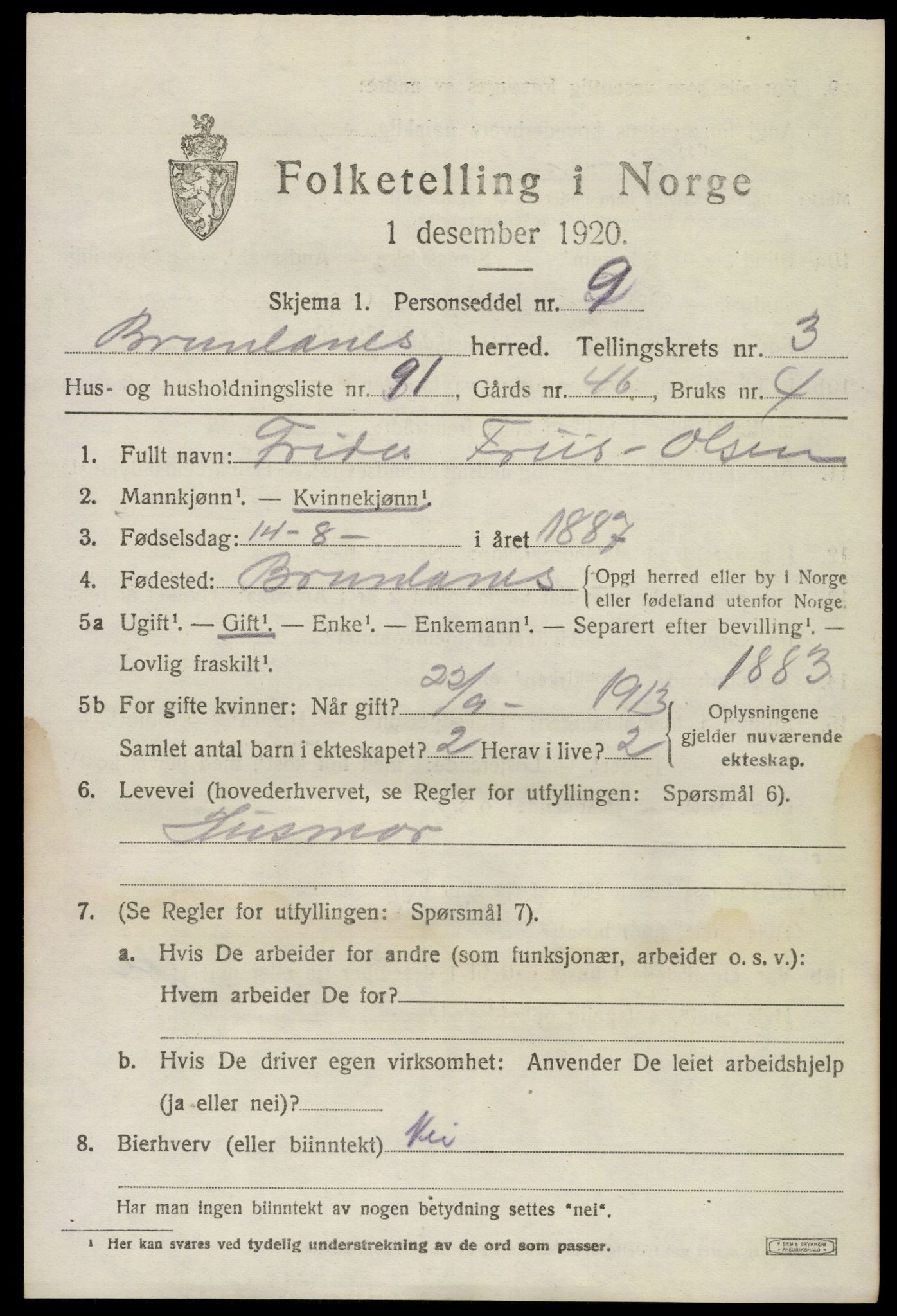 SAKO, 1920 census for Brunlanes, 1920, p. 5795