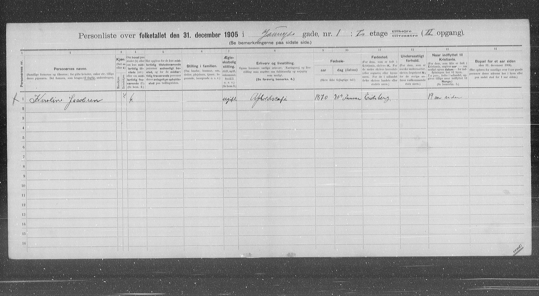 OBA, Municipal Census 1905 for Kristiania, 1905, p. 67552