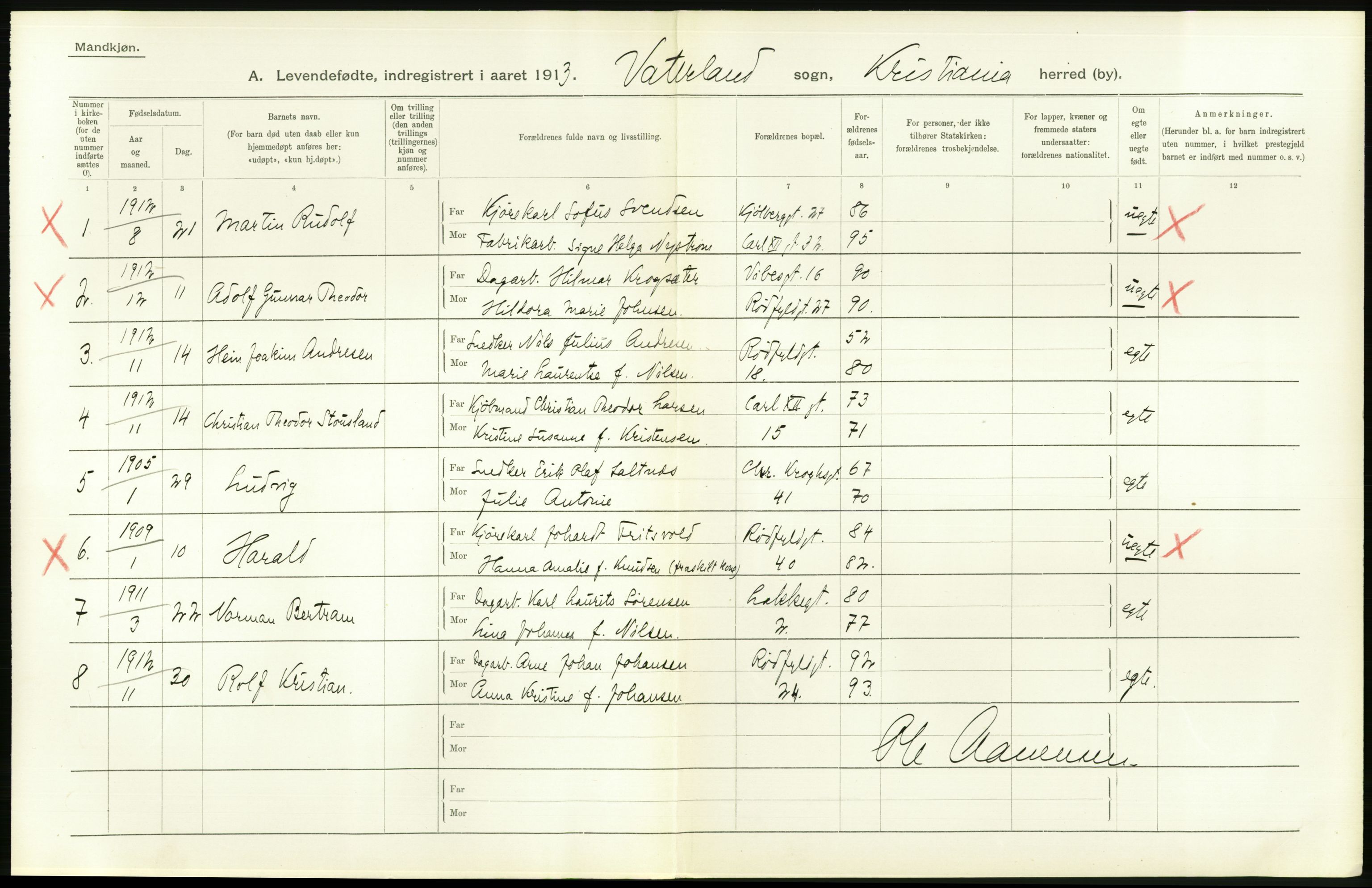 Statistisk sentralbyrå, Sosiodemografiske emner, Befolkning, AV/RA-S-2228/D/Df/Dfb/Dfbc/L0007: Kristiania: Levendefødte menn og kvinner., 1913, p. 534