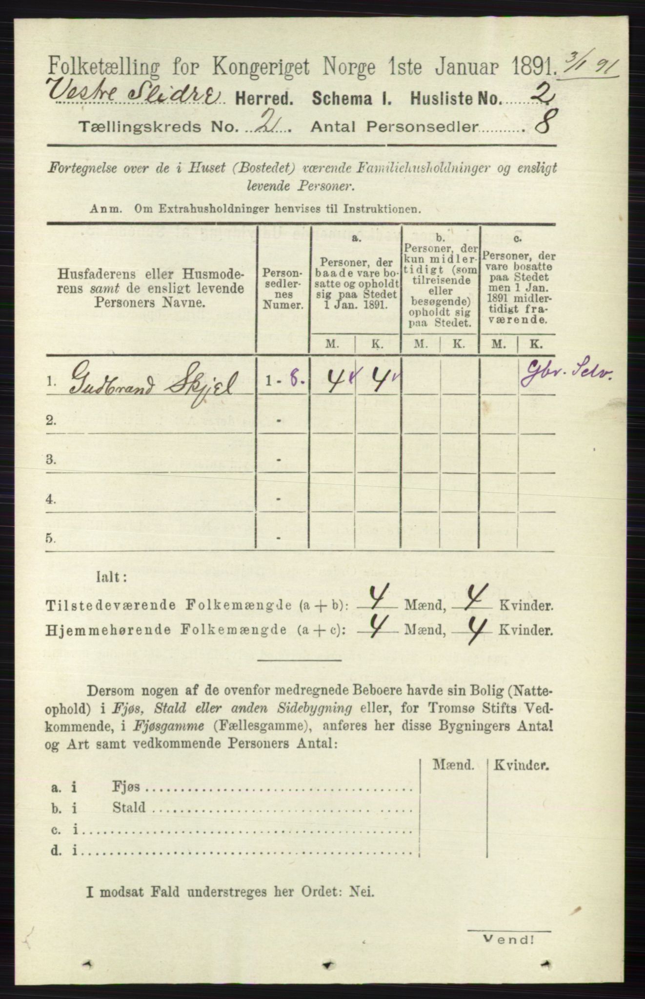 RA, 1891 census for 0543 Vestre Slidre, 1891, p. 460