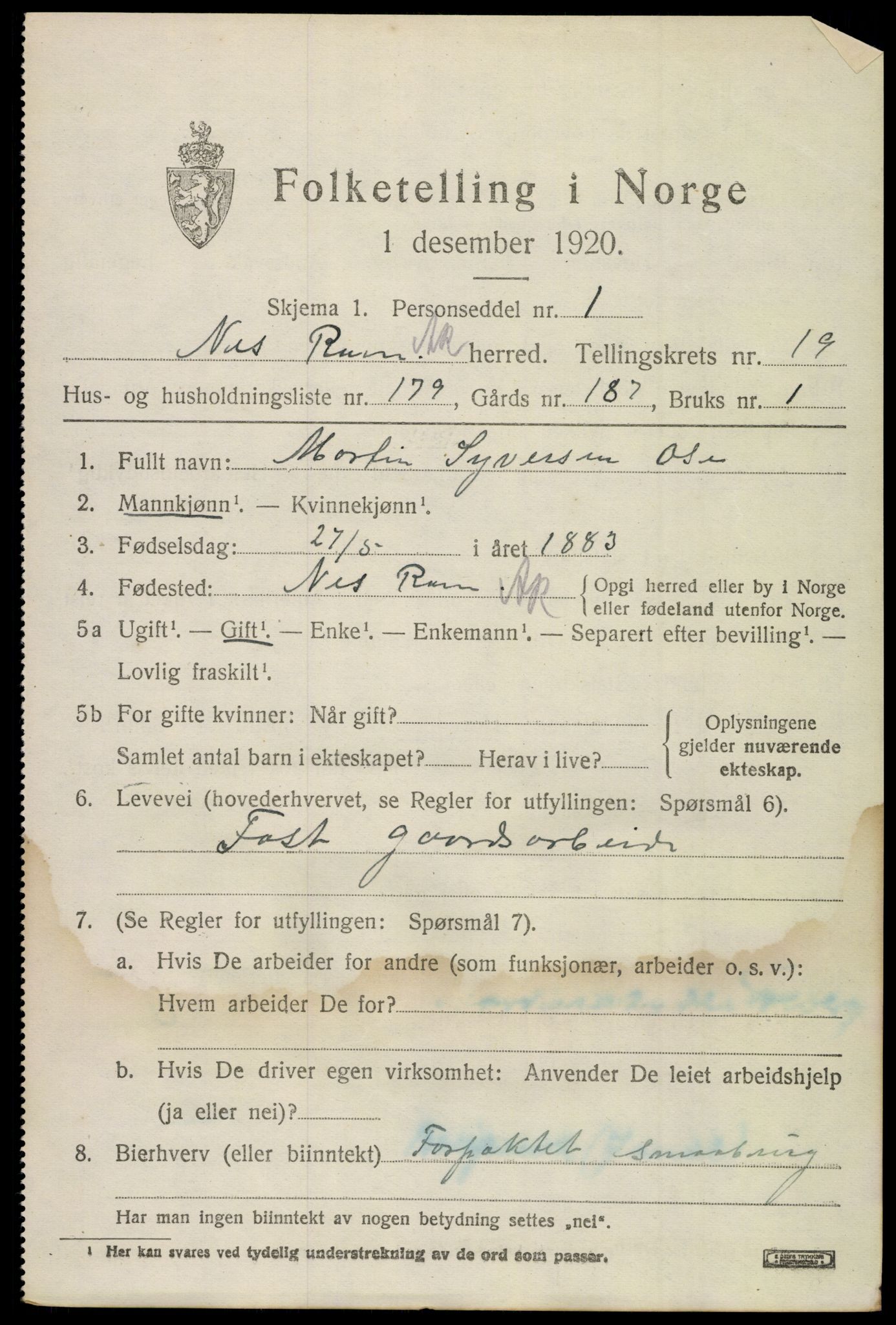 SAO, 1920 census for Nes, 1920, p. 21054