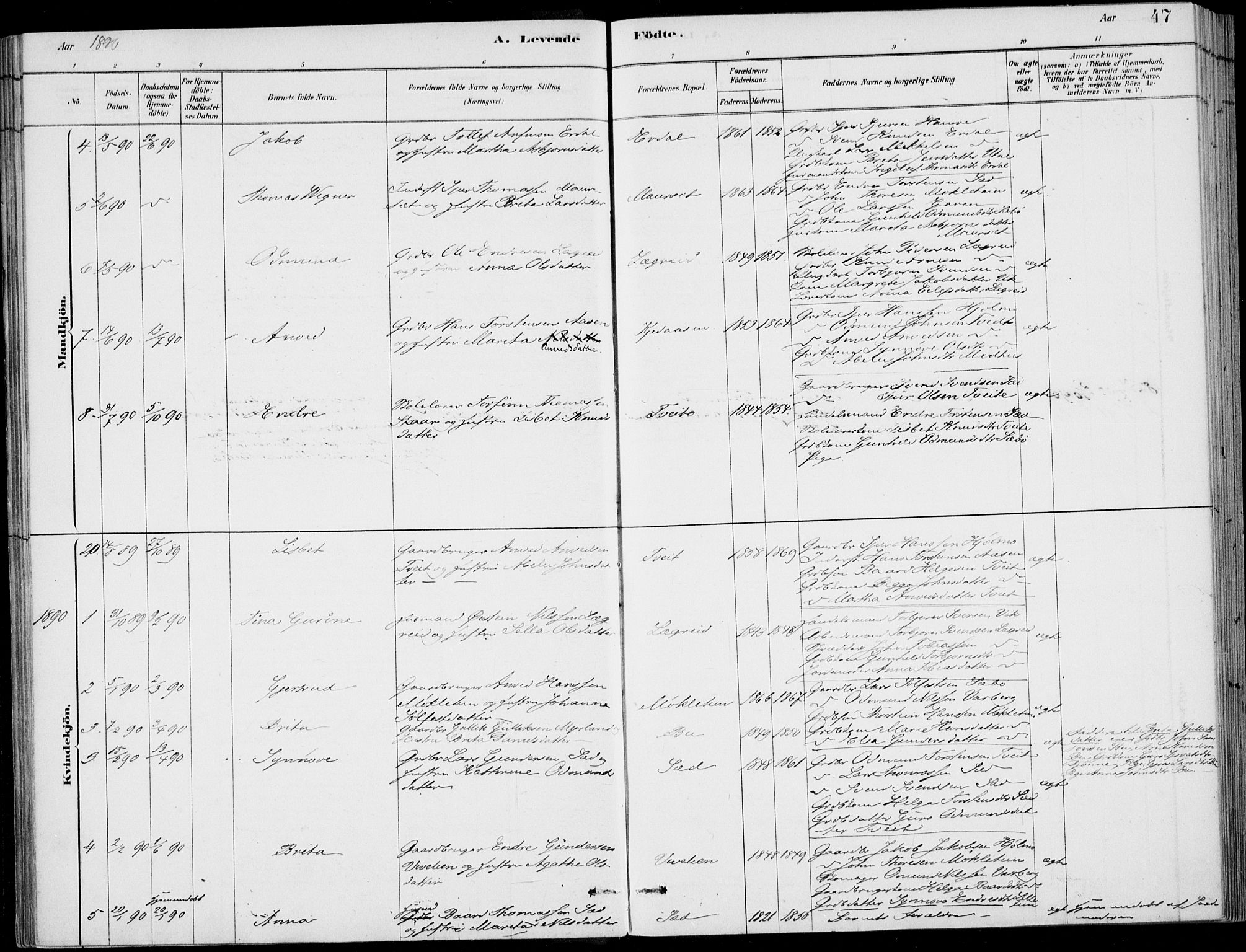 Ulvik sokneprestembete, AV/SAB-A-78801/H/Haa: Parish register (official) no. D  1, 1878-1903, p. 47