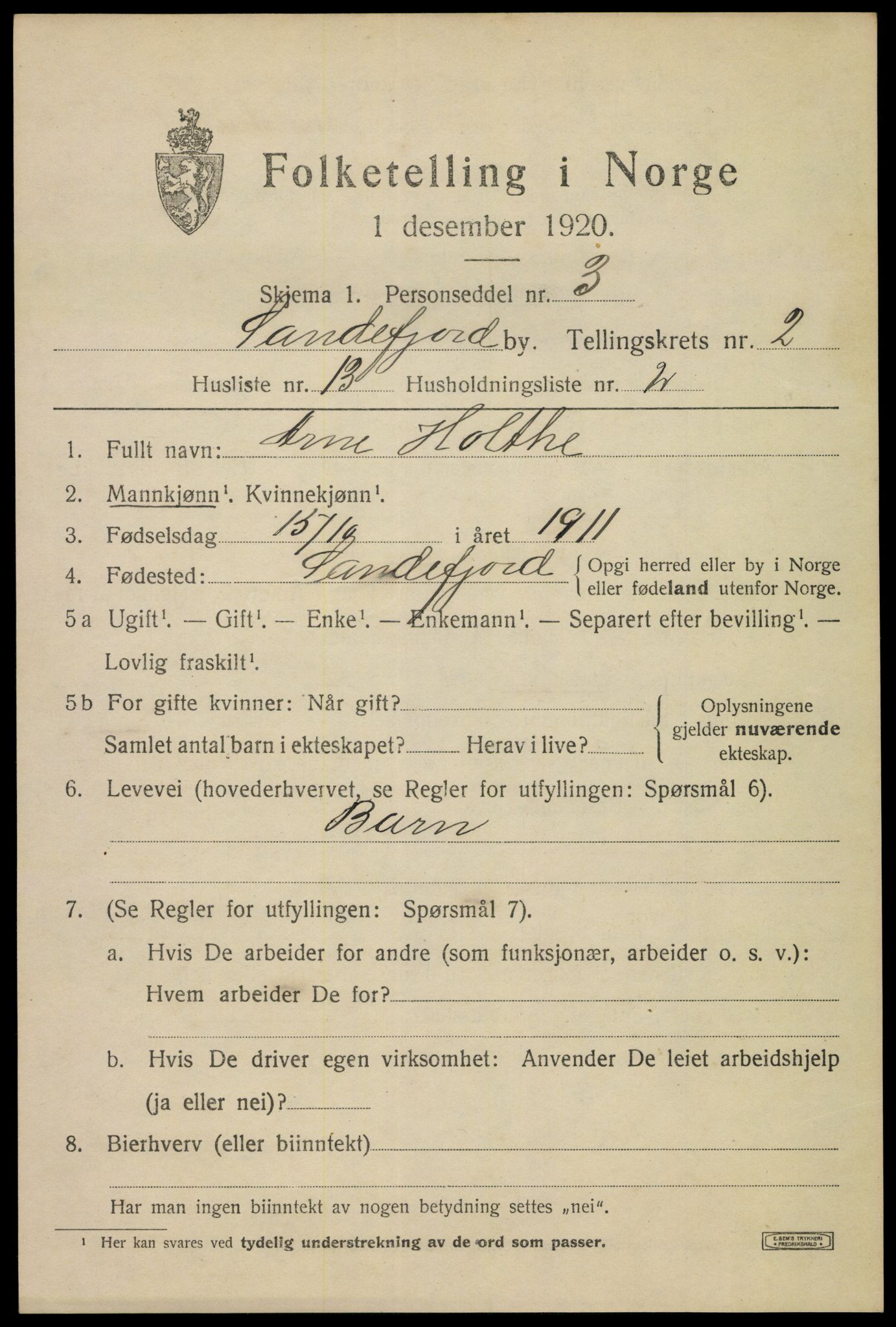 SAKO, 1920 census for Sandefjord, 1920, p. 5698