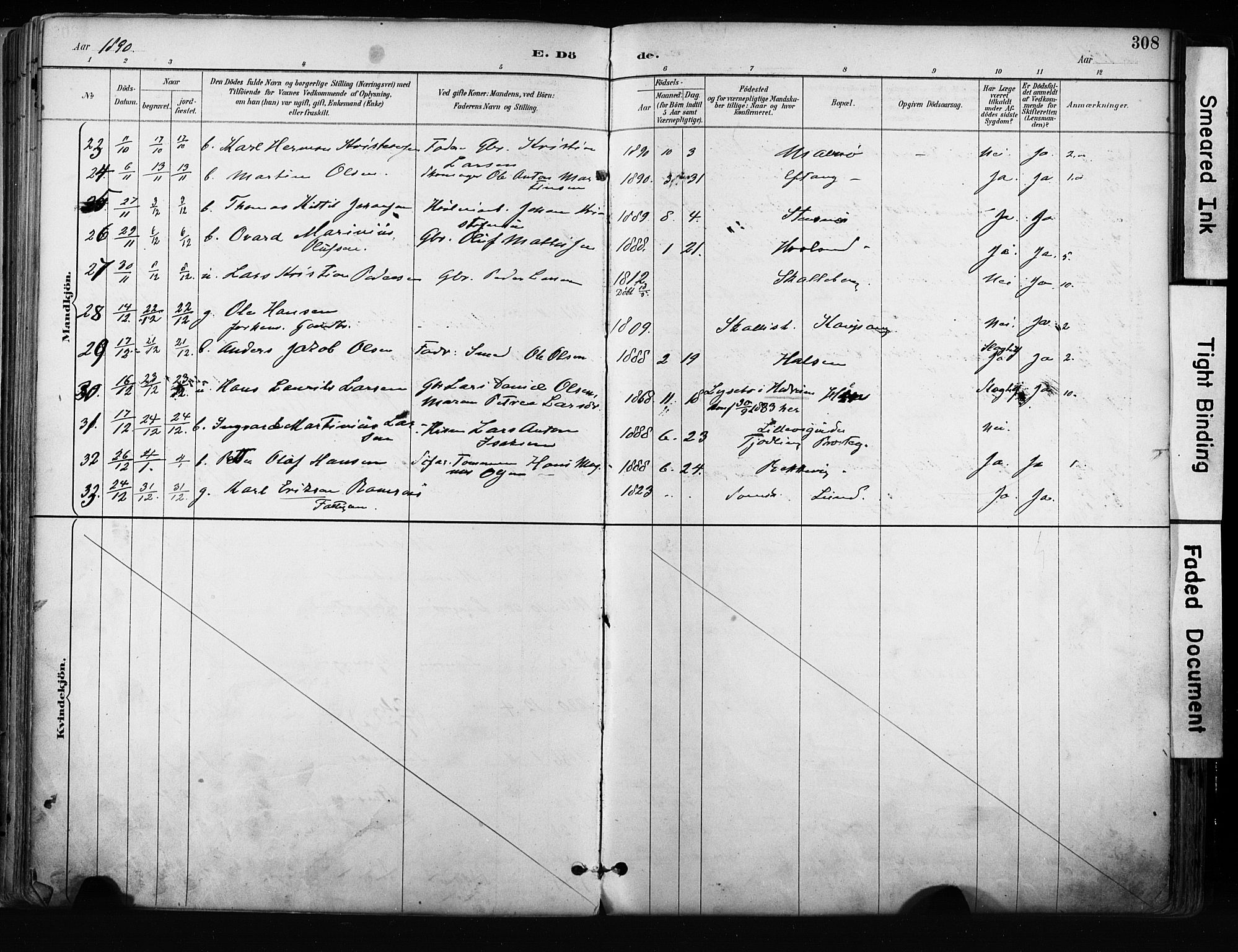 Tjølling kirkebøker, AV/SAKO-A-60/F/Fa/L0009: Parish register (official) no. 9, 1887-1905, p. 308