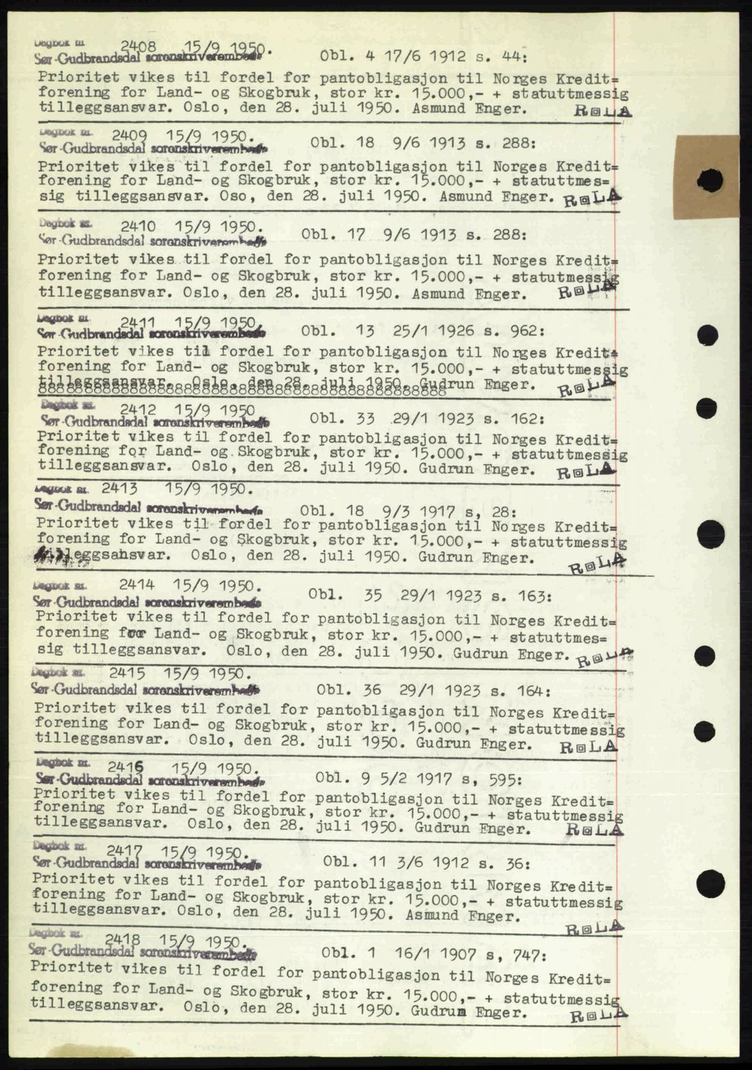 Sør-Gudbrandsdal tingrett, SAH/TING-004/H/Hb/Hbf/L0004: Mortgage book no. C5b, 1945-1951, Diary no: : 2408/1950