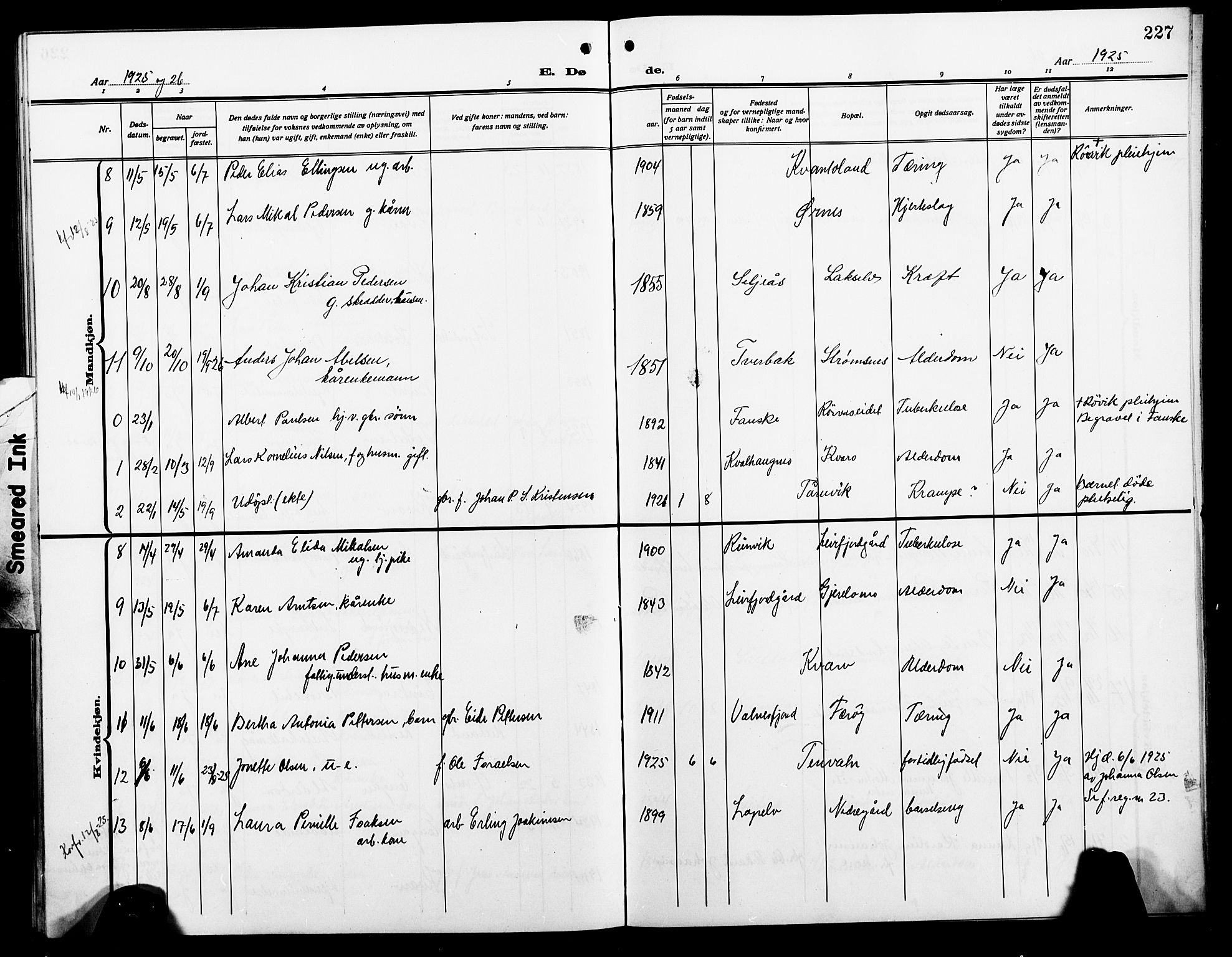 Ministerialprotokoller, klokkerbøker og fødselsregistre - Nordland, AV/SAT-A-1459/854/L0787: Parish register (copy) no. 854C03, 1913-1926, p. 227