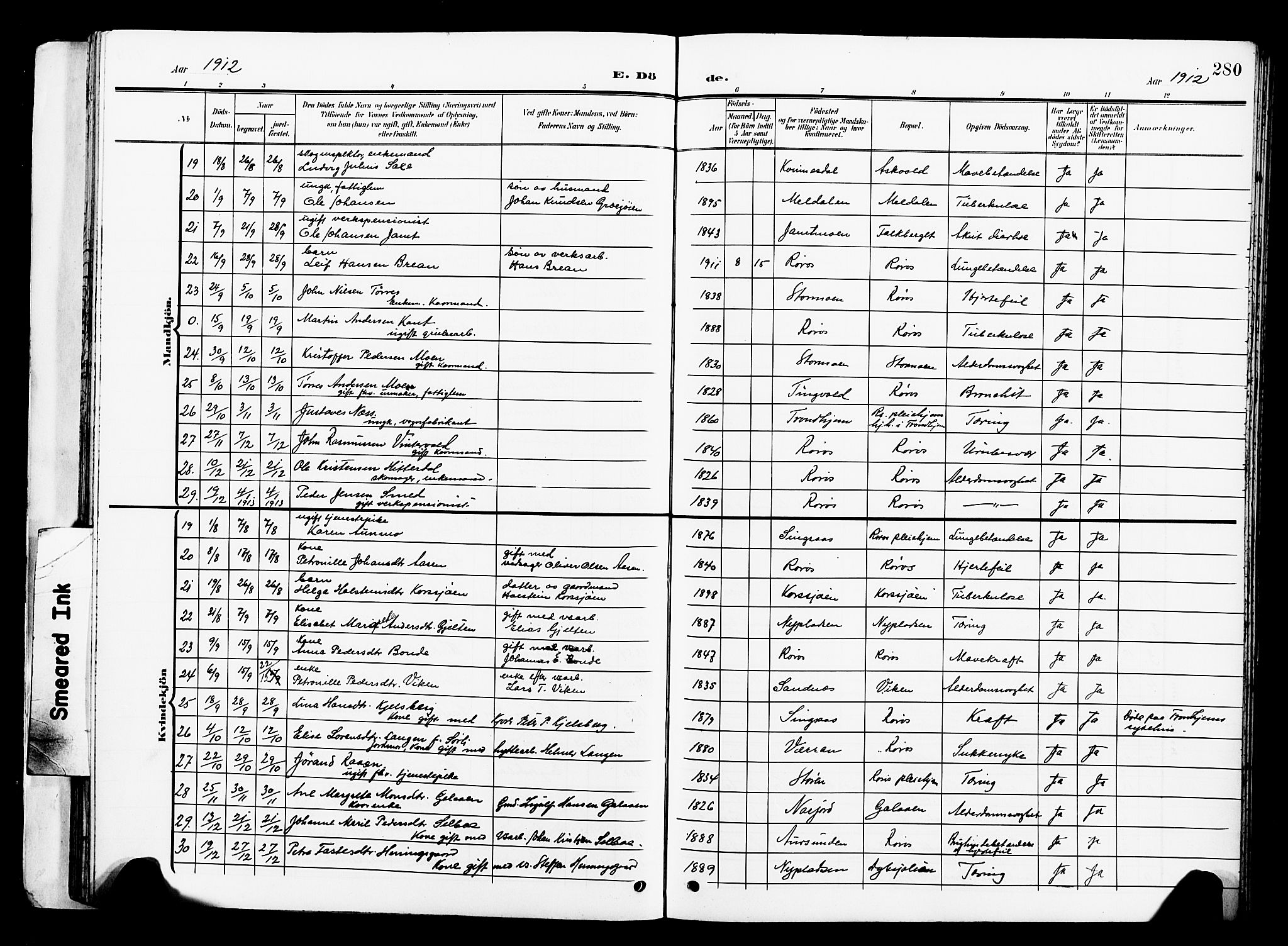 Ministerialprotokoller, klokkerbøker og fødselsregistre - Sør-Trøndelag, SAT/A-1456/681/L0942: Parish register (copy) no. 681C06, 1906-1925, p. 280