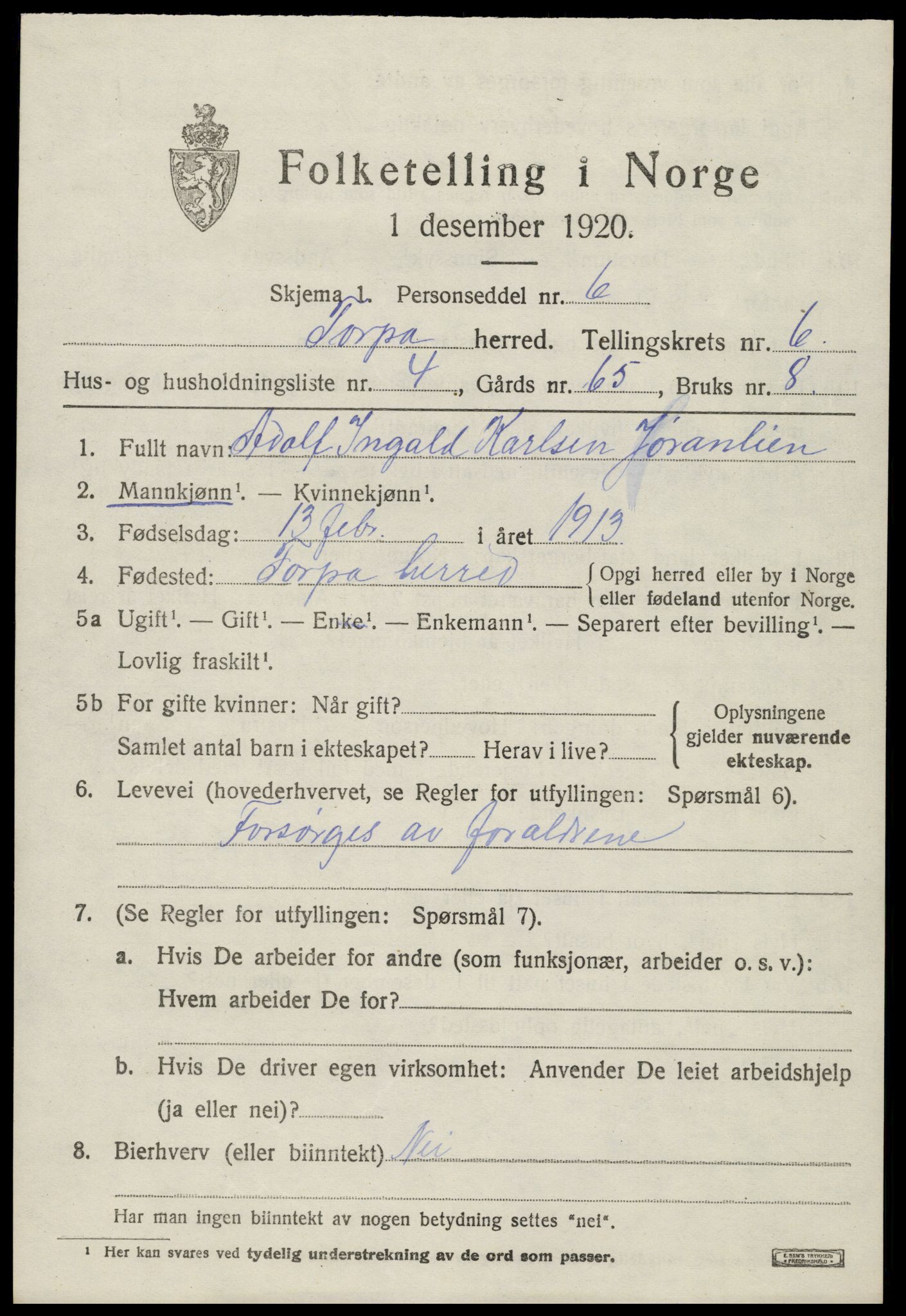 SAH, 1920 census for Torpa, 1920, p. 4013