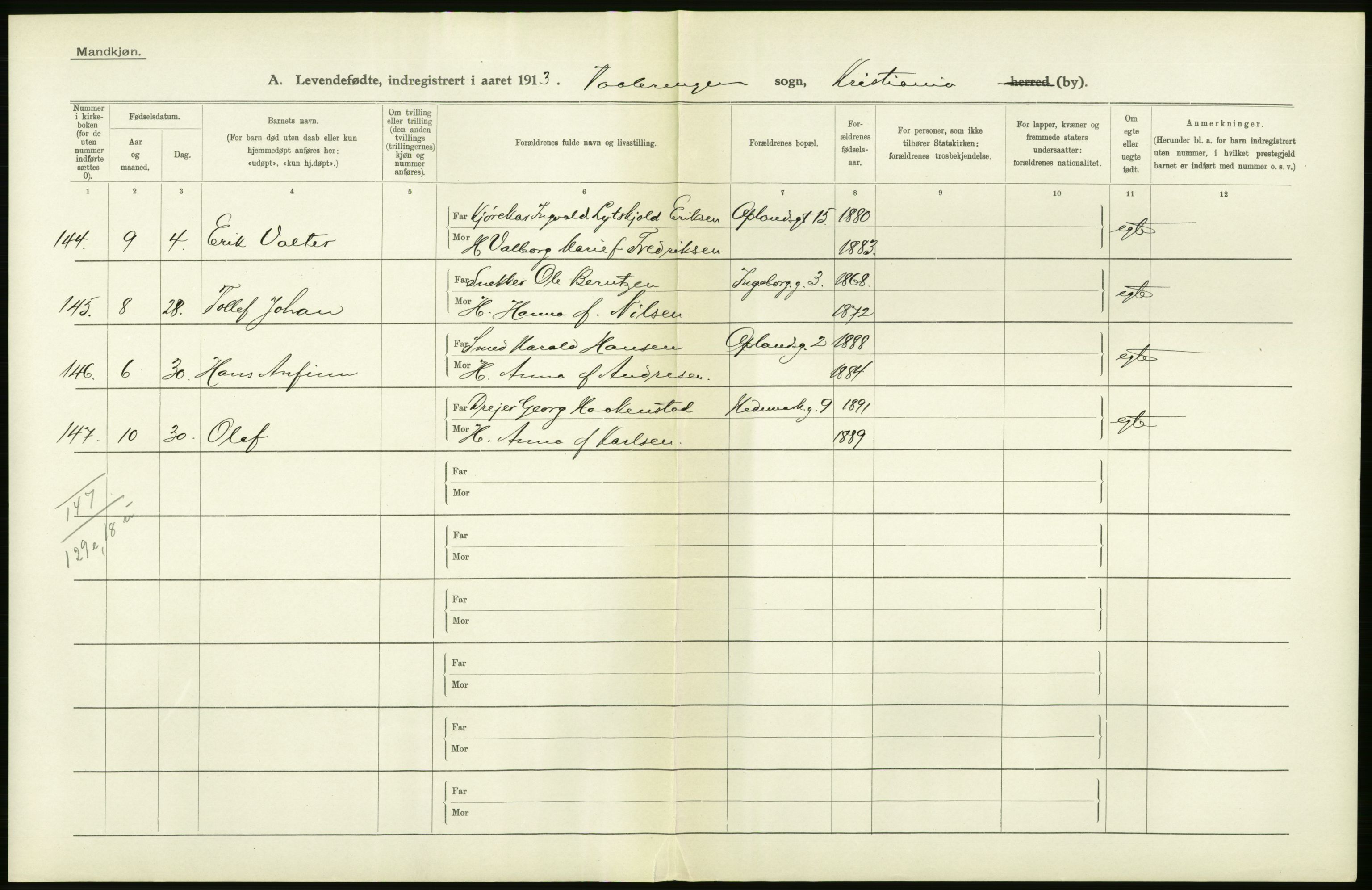 Statistisk sentralbyrå, Sosiodemografiske emner, Befolkning, RA/S-2228/D/Df/Dfb/Dfbc/L0007: Kristiania: Levendefødte menn og kvinner., 1913, p. 334