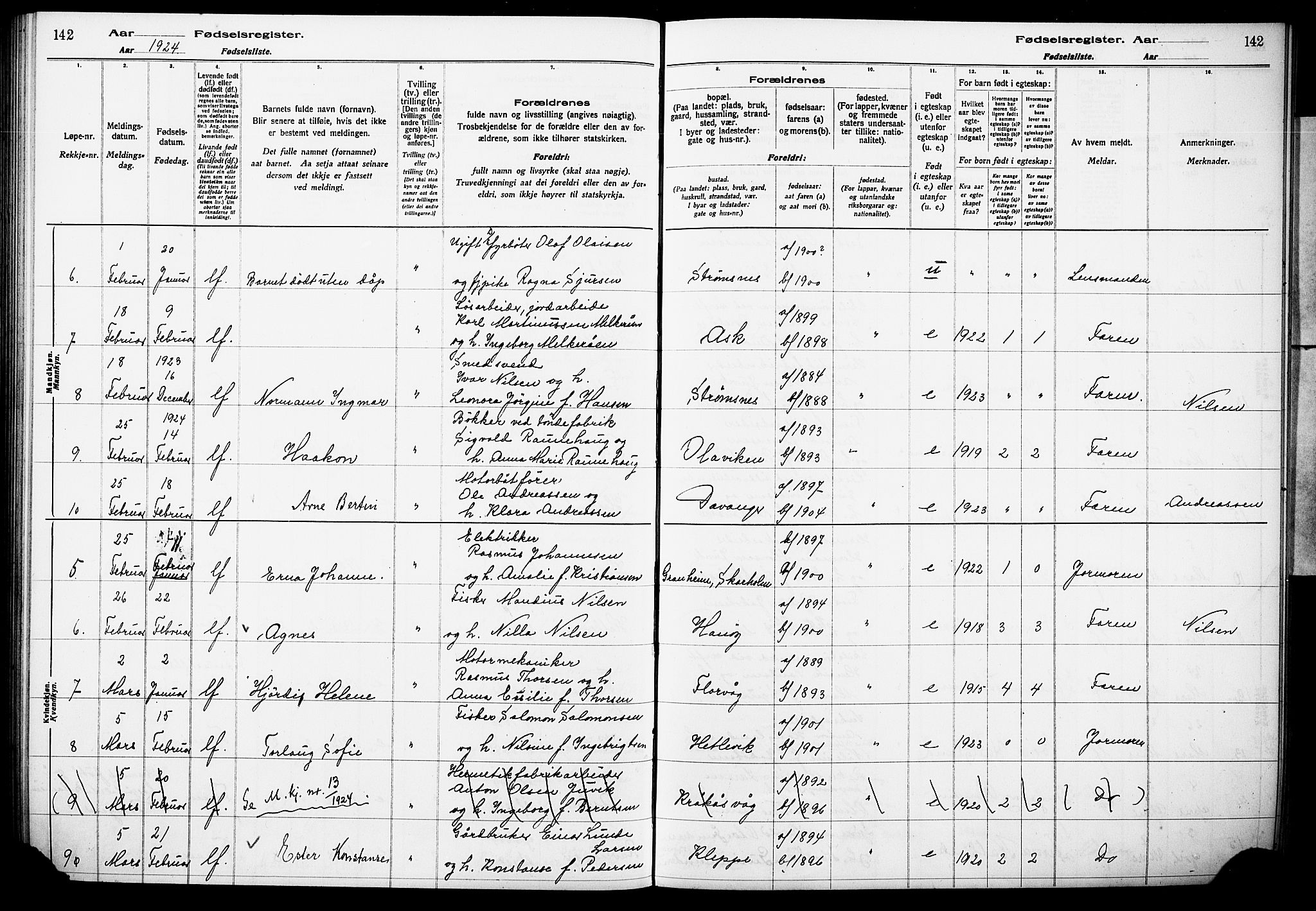 Askøy Sokneprestembete, AV/SAB-A-74101/I/Id/L00A1: Birth register no. A 1, 1916-1928, p. 142