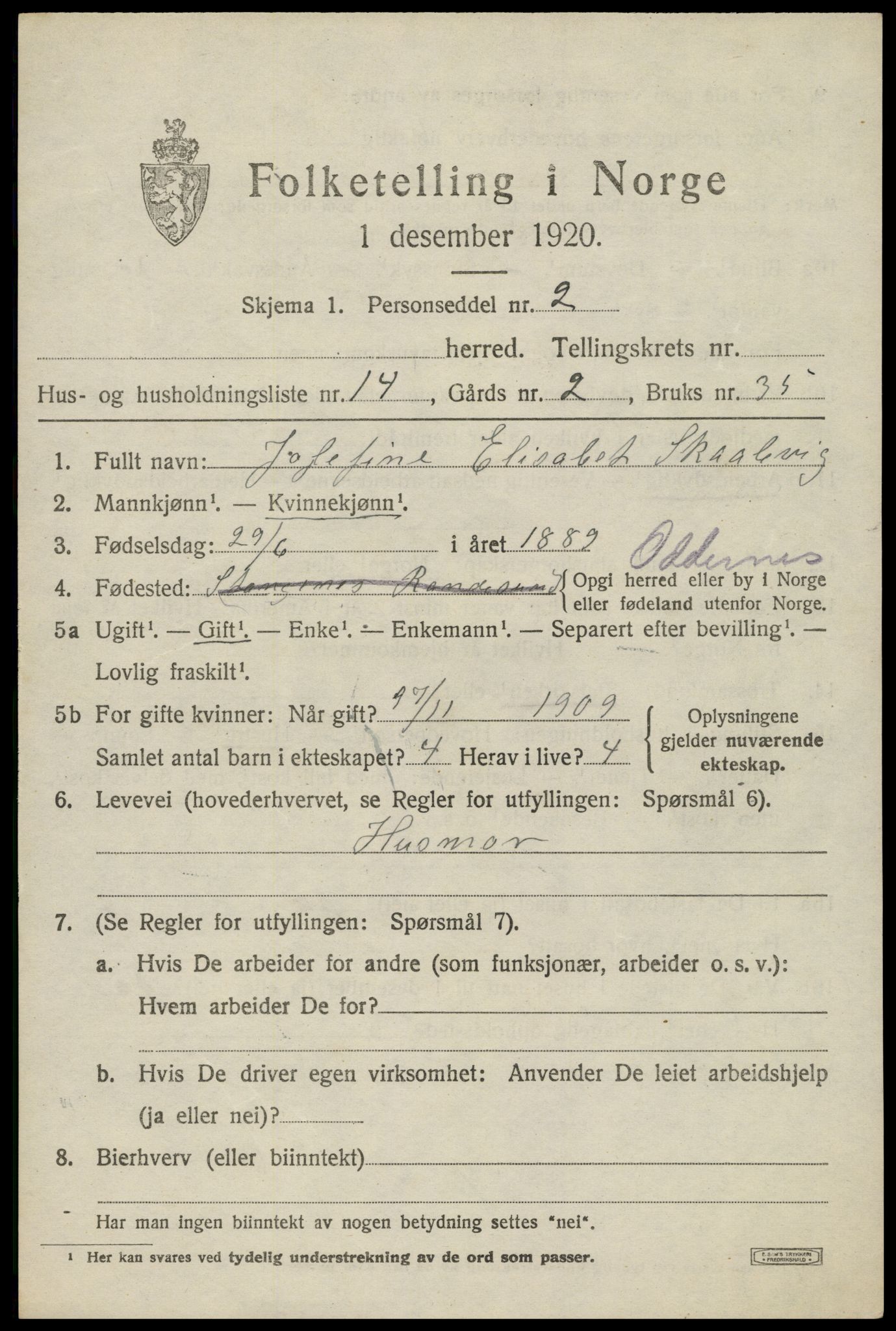 SAK, 1920 census for Oddernes, 1920, p. 2179