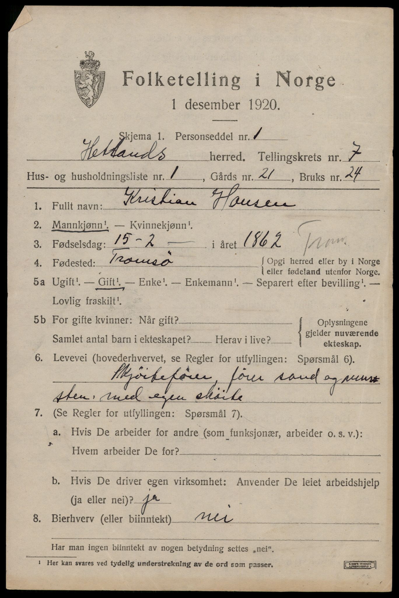 SAST, 1920 census for Hetland, 1920, p. 13887