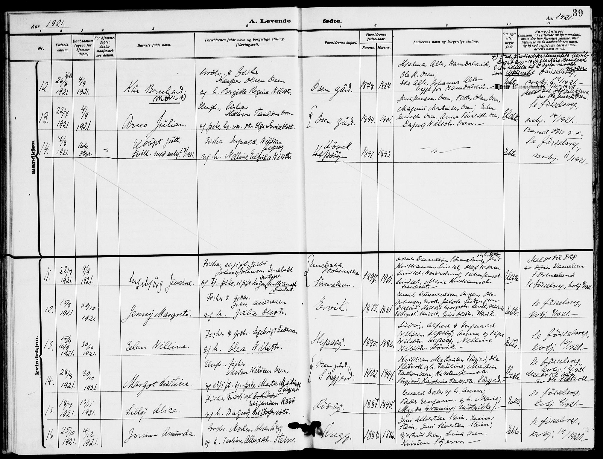 Ministerialprotokoller, klokkerbøker og fødselsregistre - Sør-Trøndelag, SAT/A-1456/658/L0724: Parish register (official) no. 658A03, 1912-1924, p. 39