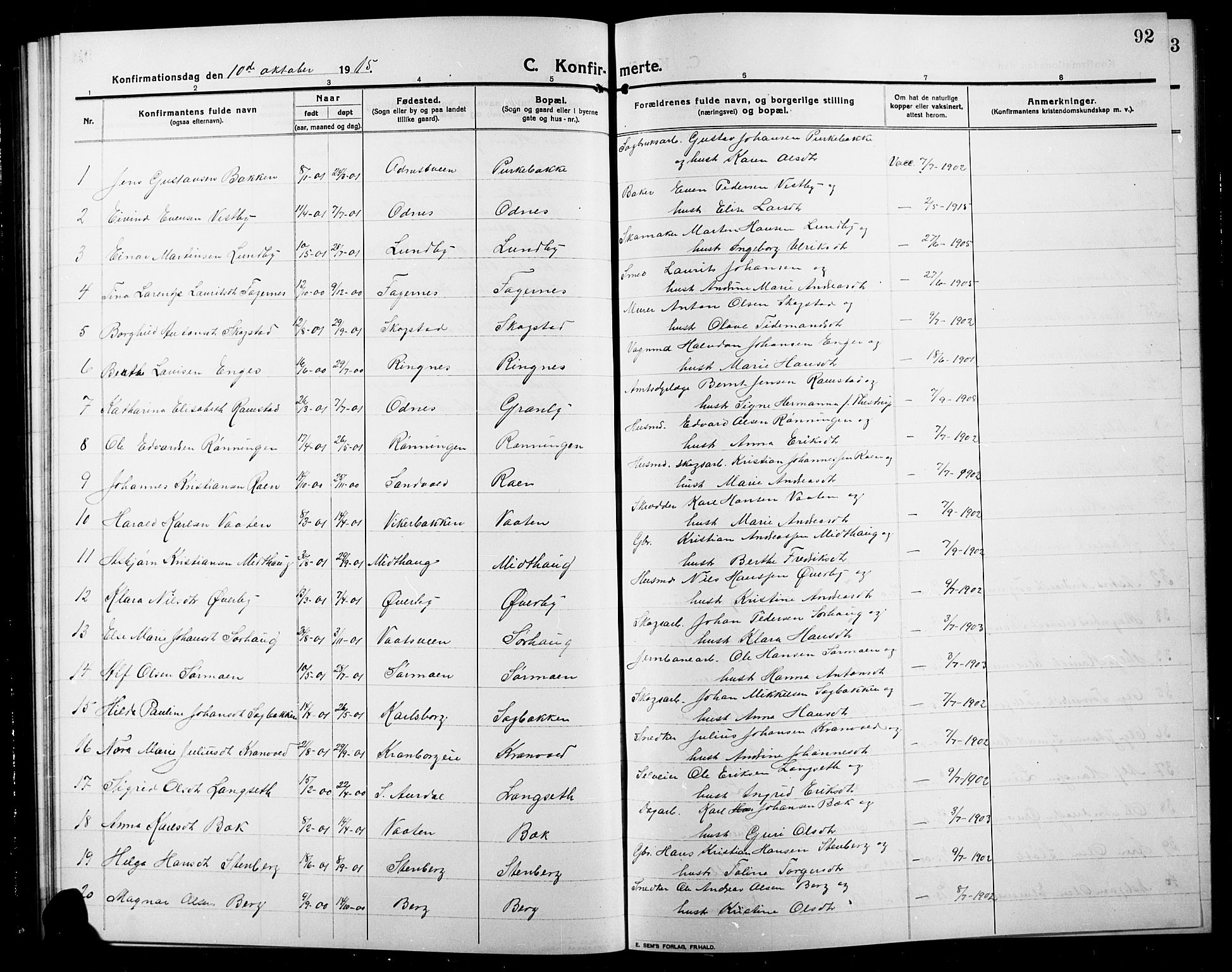 Søndre Land prestekontor, AV/SAH-PREST-122/L/L0006: Parish register (copy) no. 6, 1912-1925, p. 92