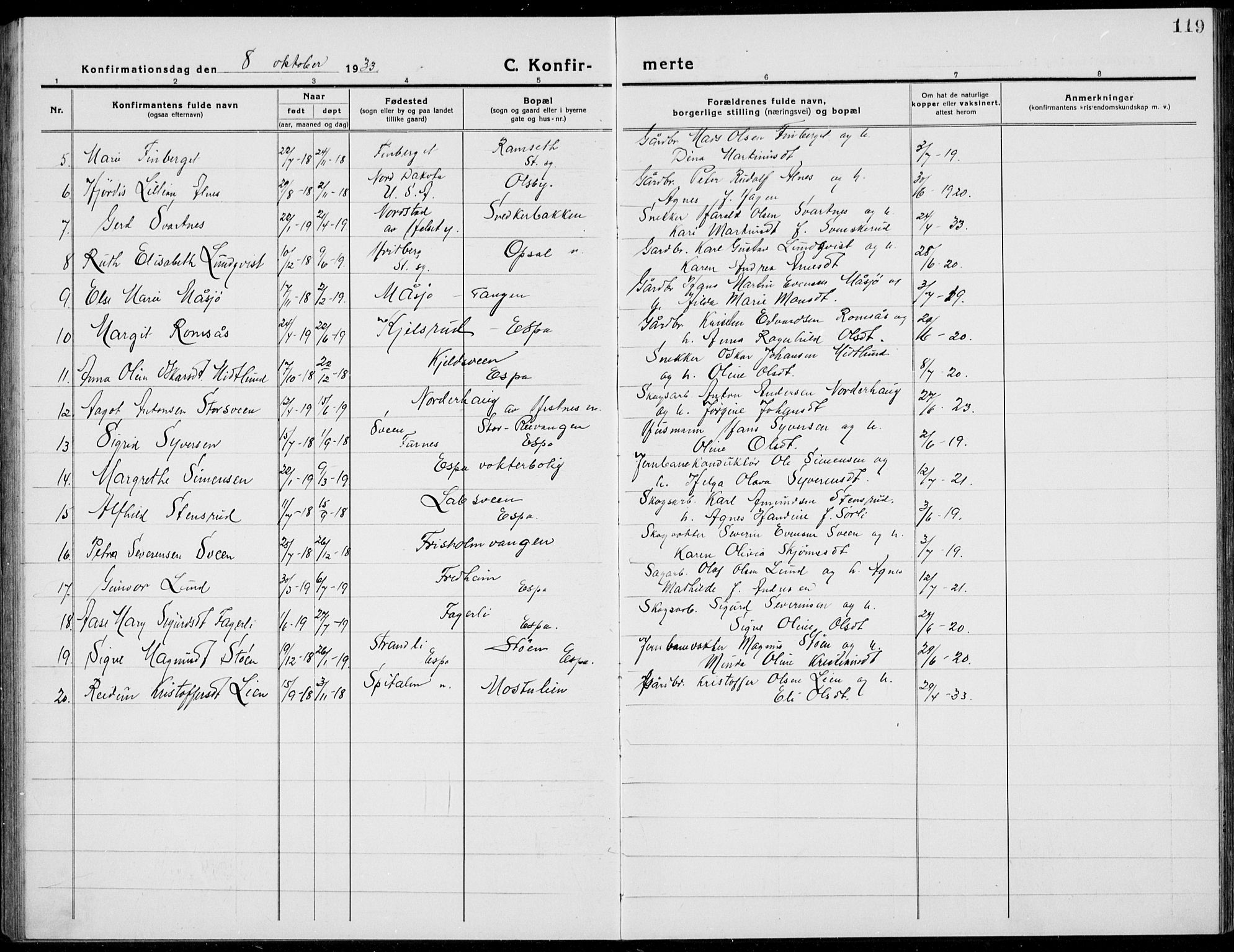 Stange prestekontor, SAH/PREST-002/L/L0017: Parish register (copy) no. 17, 1918-1936, p. 119
