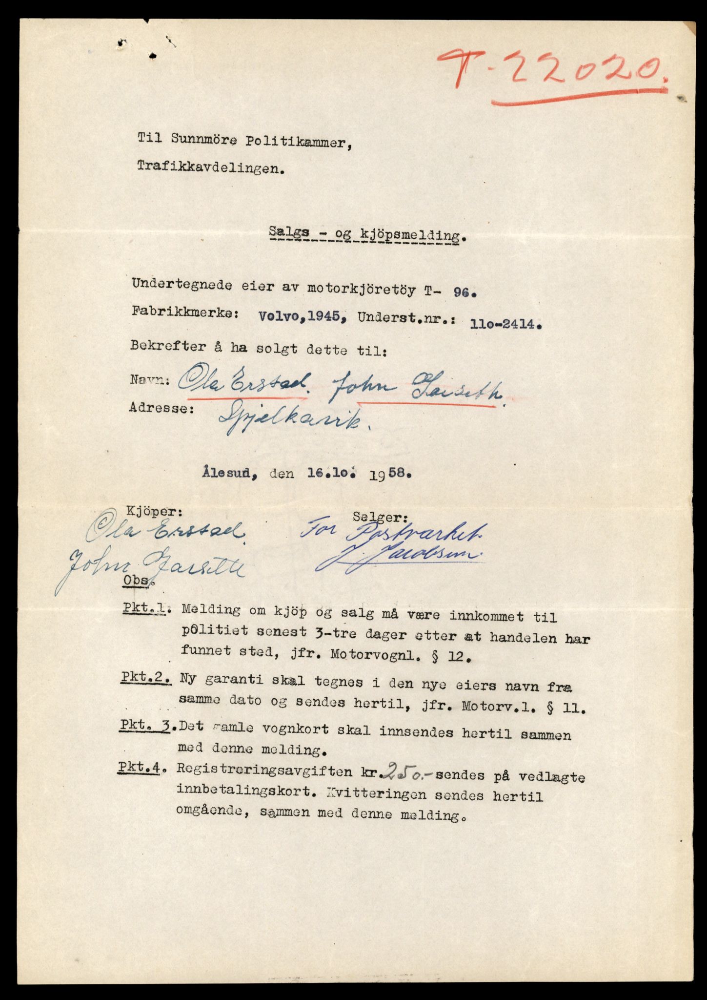 Møre og Romsdal vegkontor - Ålesund trafikkstasjon, AV/SAT-A-4099/F/Fe/L0060: Registreringskort for kjøretøy T 22020 - T 22218, 1927-1998, p. 15