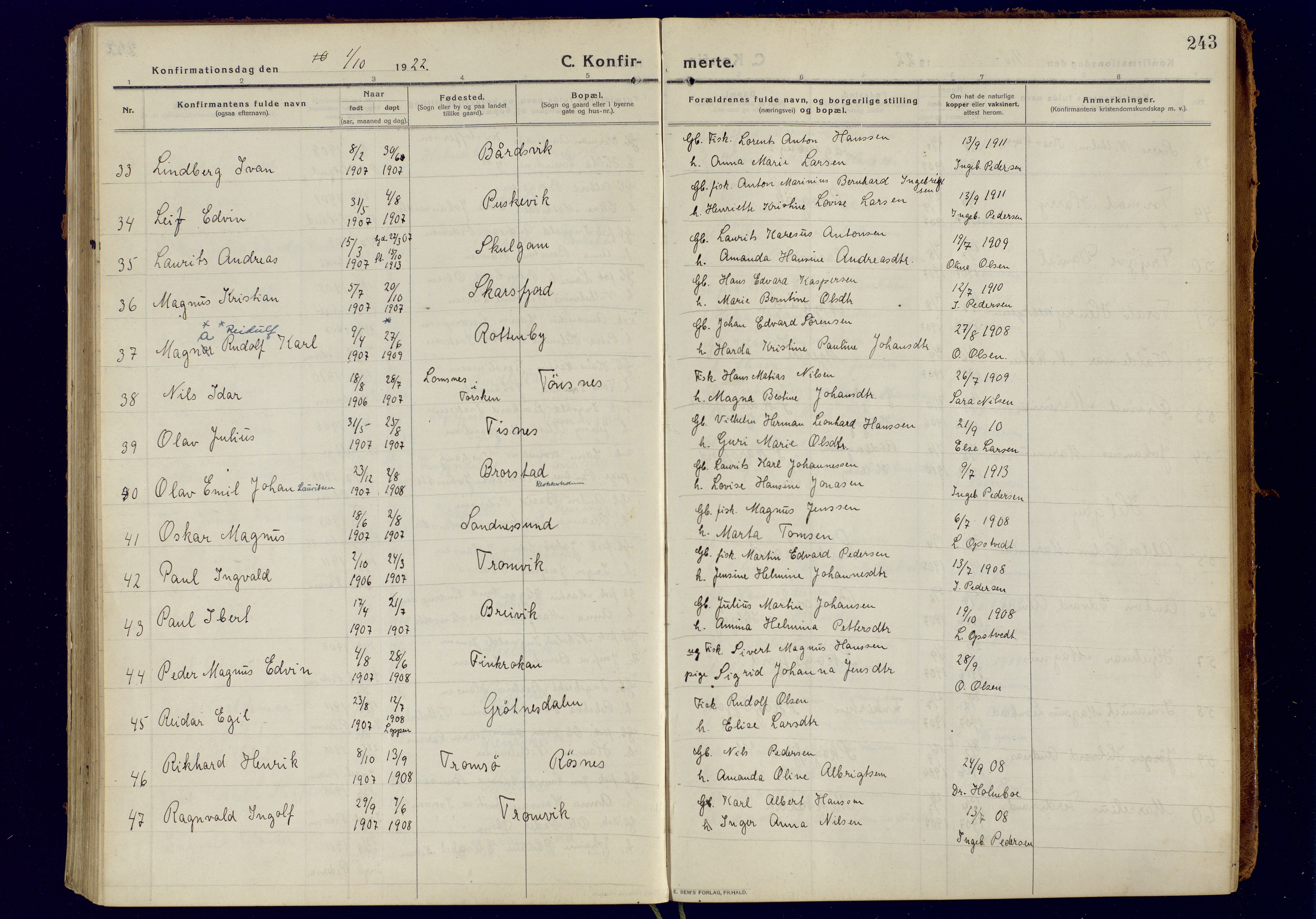 Tromsøysund sokneprestkontor, AV/SATØ-S-1304/G/Ga/L0008kirke: Parish register (official) no. 8, 1914-1922, p. 243