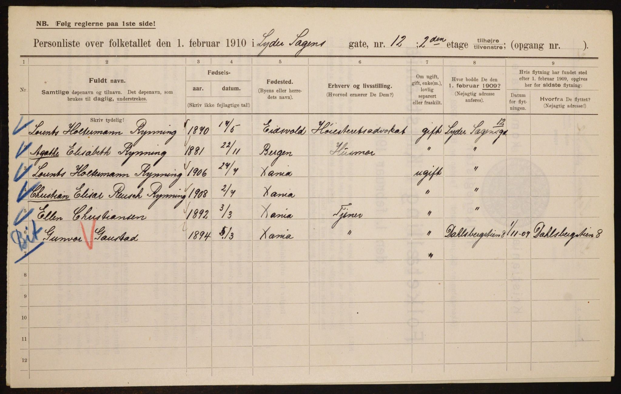 OBA, Municipal Census 1910 for Kristiania, 1910, p. 56465